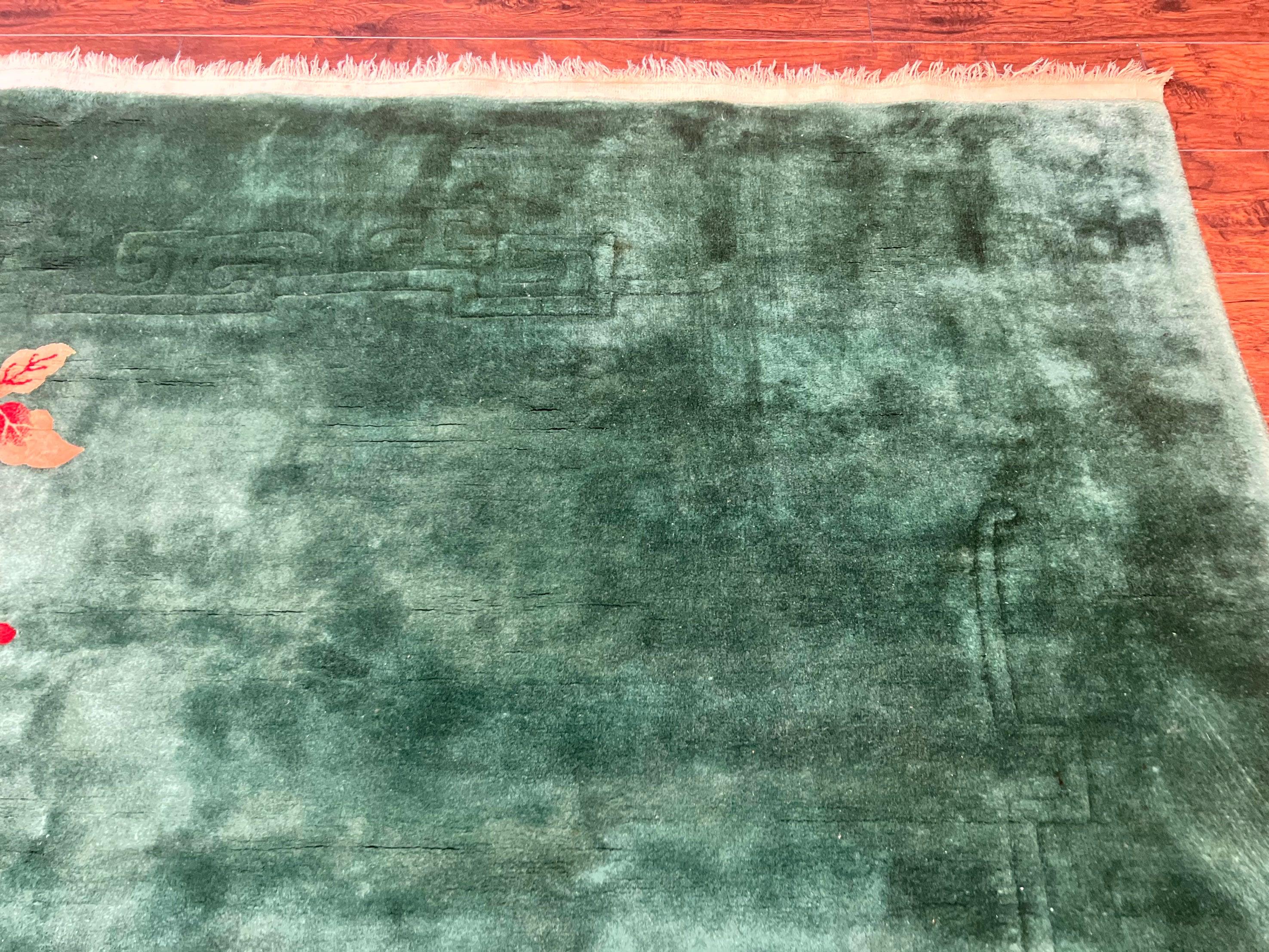 Green Chinese Art Deco Rug 9 x 11.6, Simple Design, Floral, Chinese Wool Carpet, Vintage Semi Antique, Nichols Rug, Handmade - Jewel Rugs
