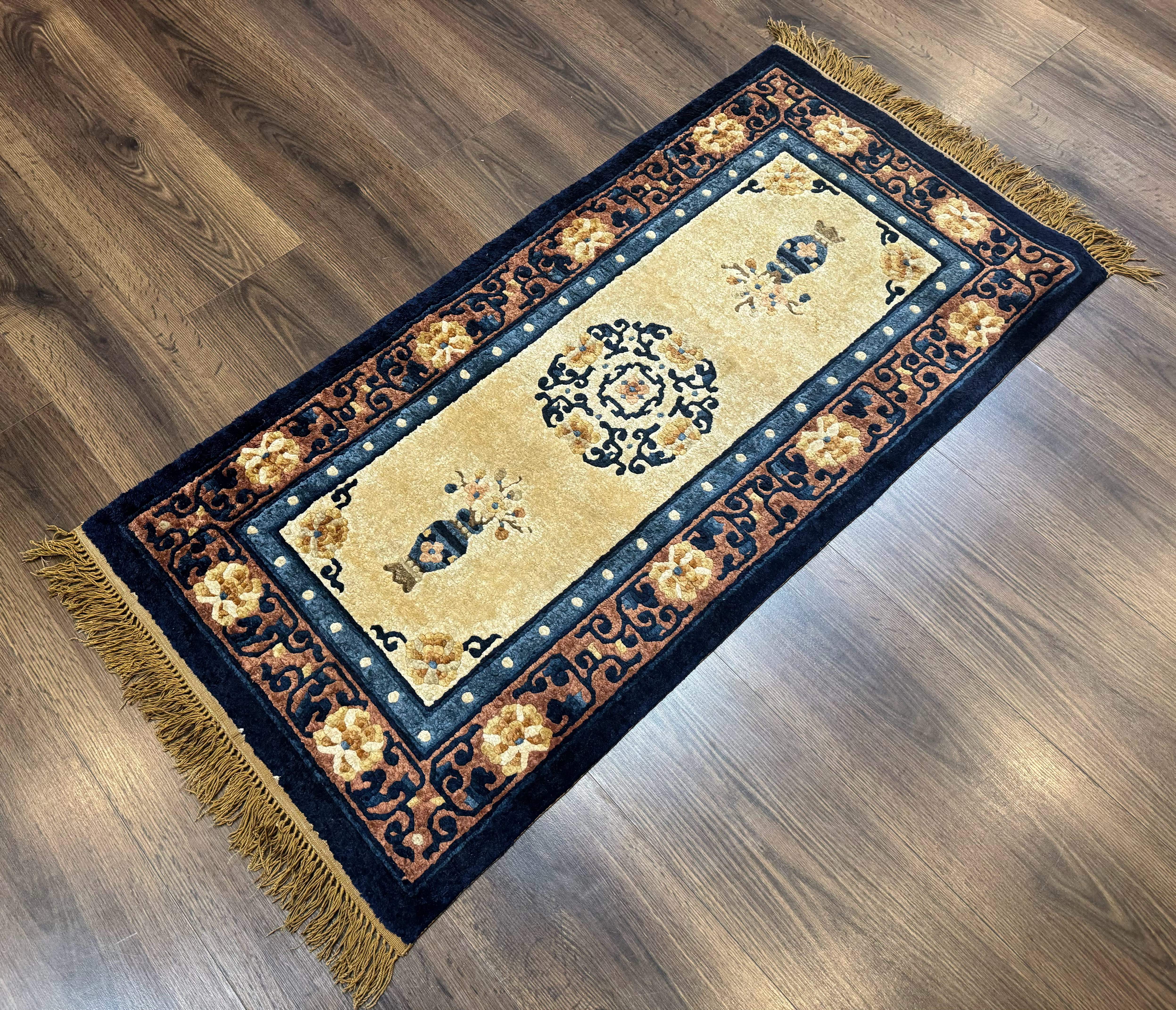 Silk Chinese Rug 2x4, Peking Carpet, Golden-Beige and Blue, Hand Knotted, Simple Design - Jewel Rugs