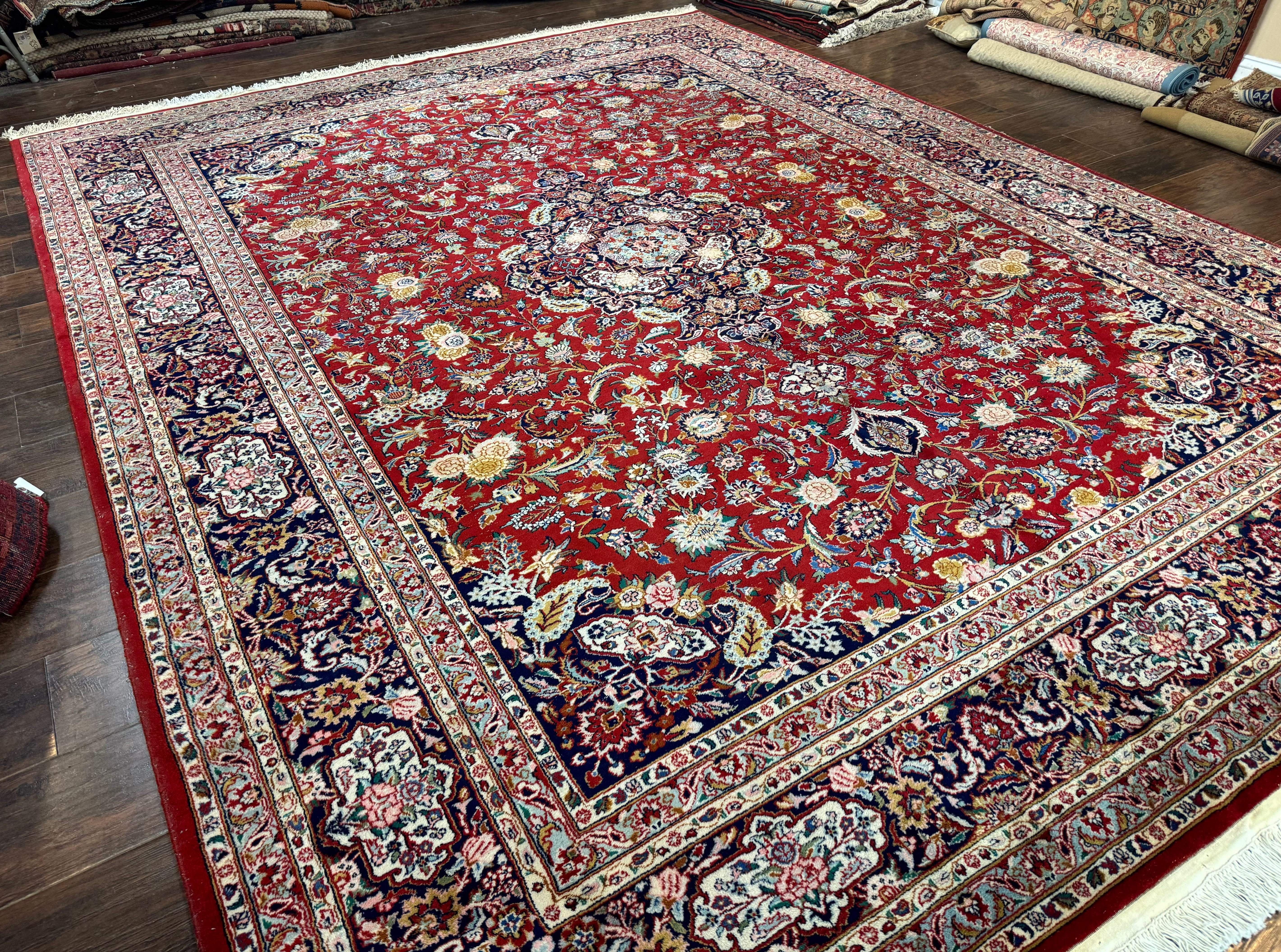 Indo Persian Rug 9x11 ft – Red and Navy, Hand-Knotted Traditional Wool Carpet - Jewel Rugs