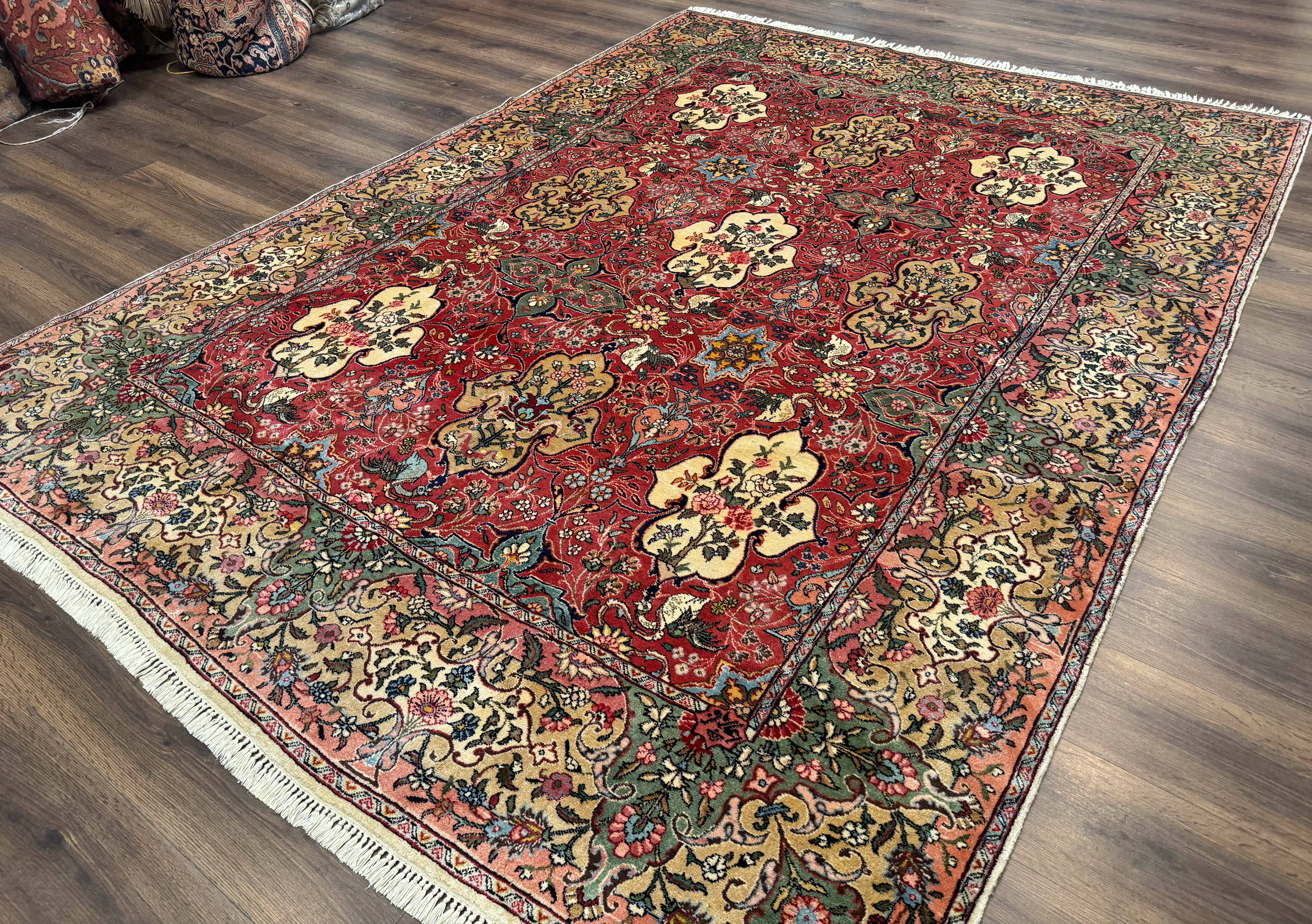 Antique Tabriz Persian Rug 7x10, Red Cream Tan, Unique Design, Fine 270 KPSI, Birds, Floral - Jewel Rugs