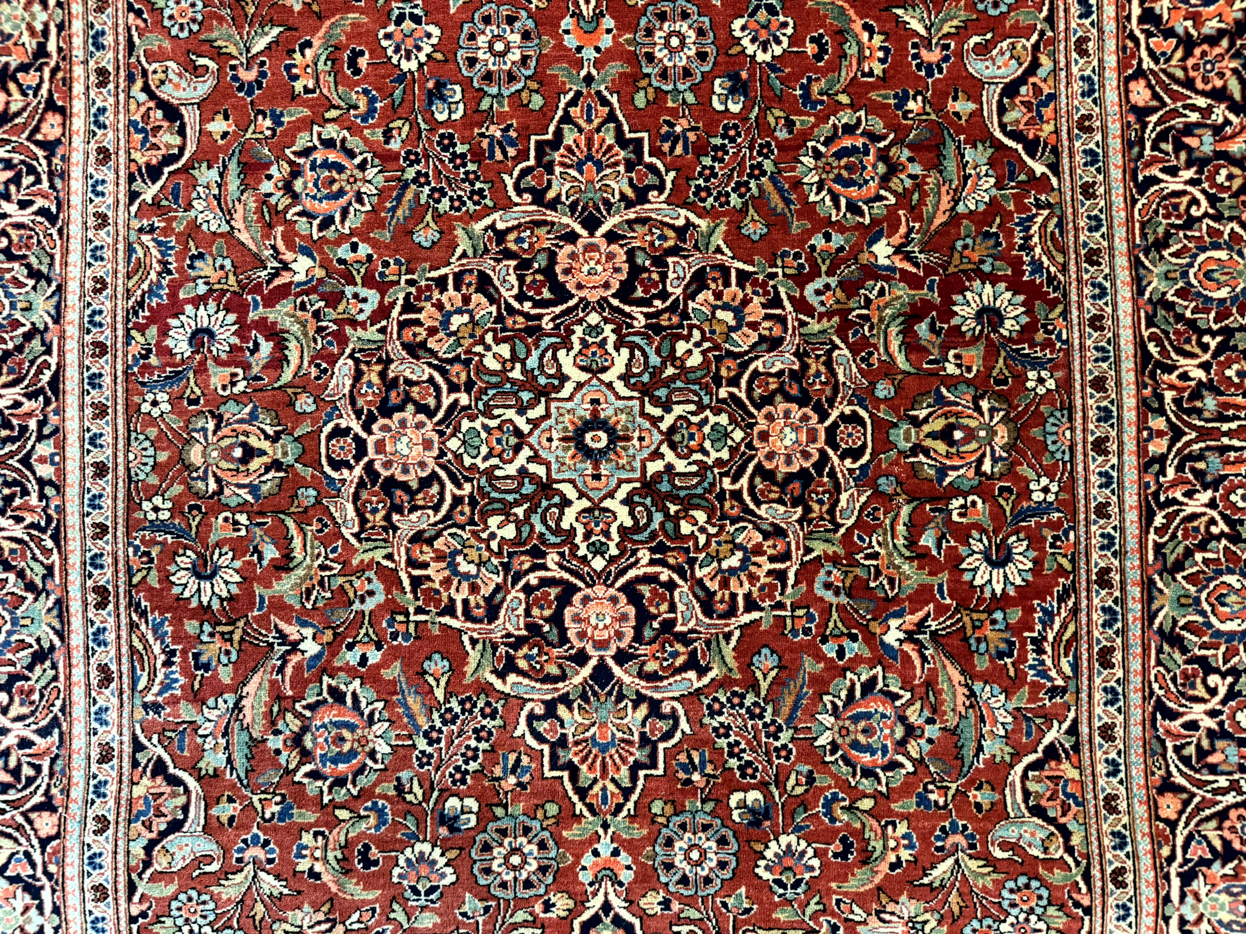 Persian Kashan Rug 4x7, Red and Navy Blue, Floral Antique Carpet - Jewel Rugs
