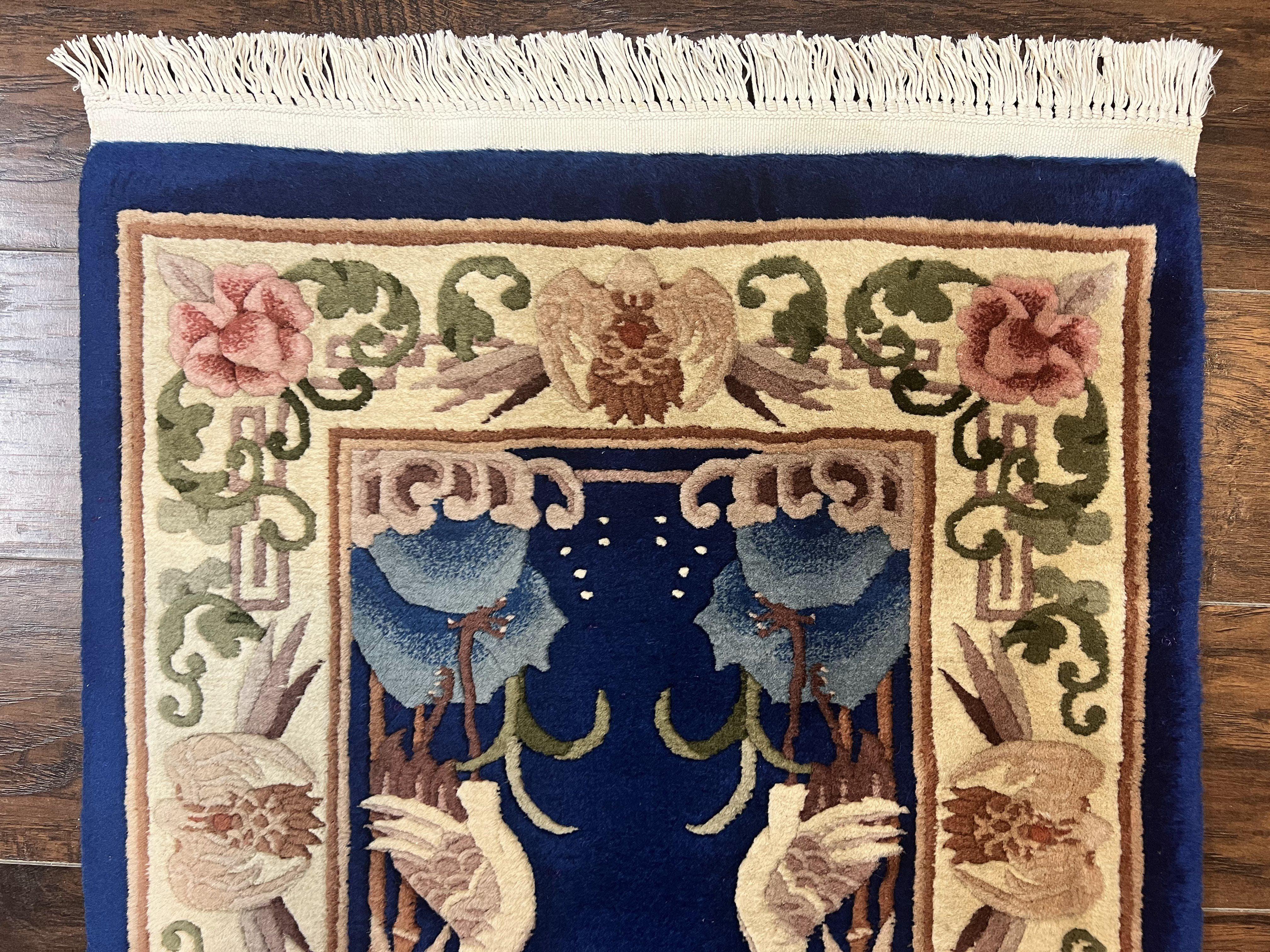 Chinese Wool Runner Rug 2x11, Blue and Beige, Swans, Handmade Vintage Asian Oriental Chinese Carving Rug, Art Deco 2 x 11 ft - Jewel Rugs