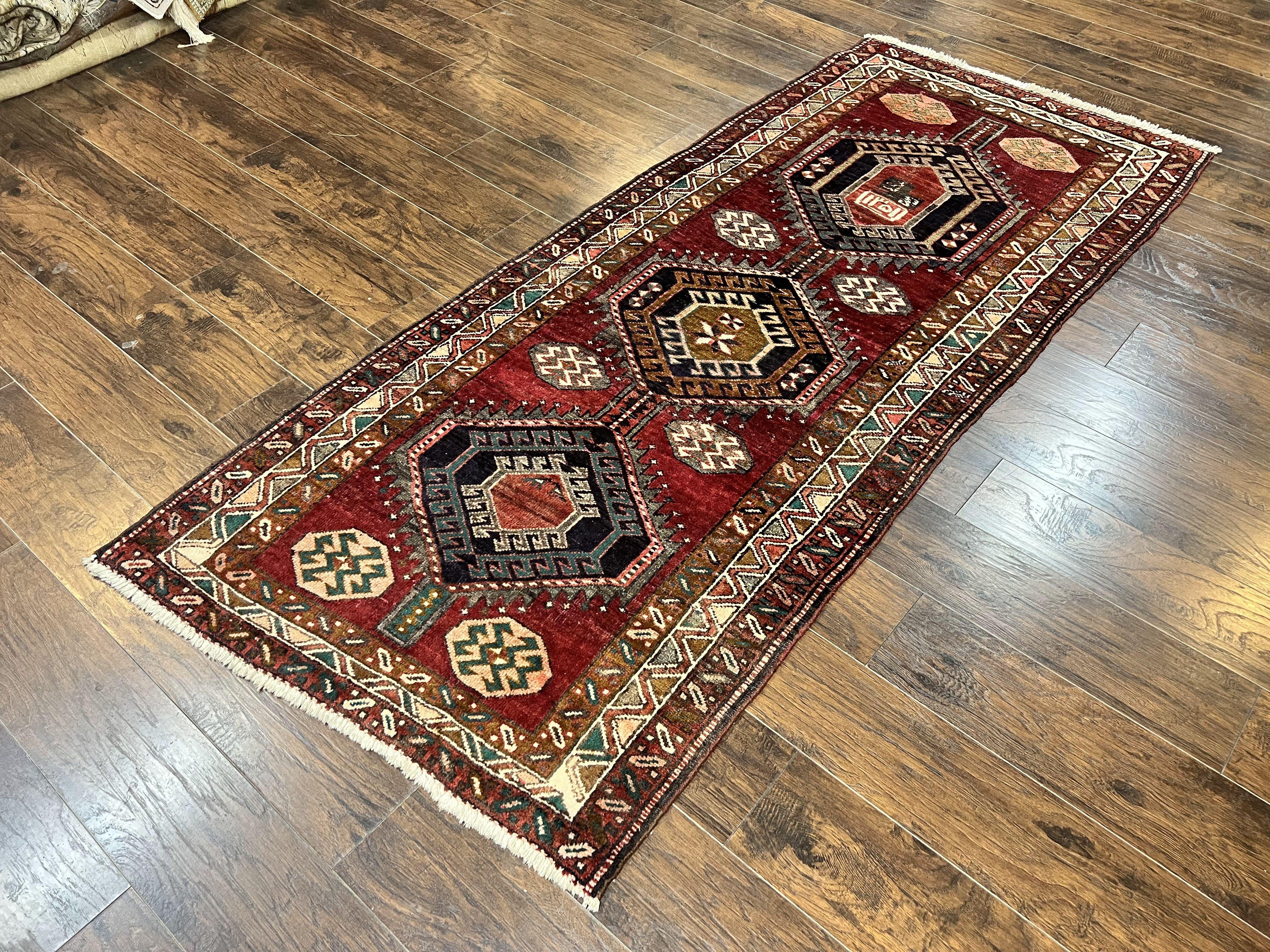 Persian Heriz Runner Rug 3.8 x 8.6, Geometric Design, Large Triple Medallions, Hand Knotted Handmade Vintage Wool Hallway Rug, Red - Jewel Rugs