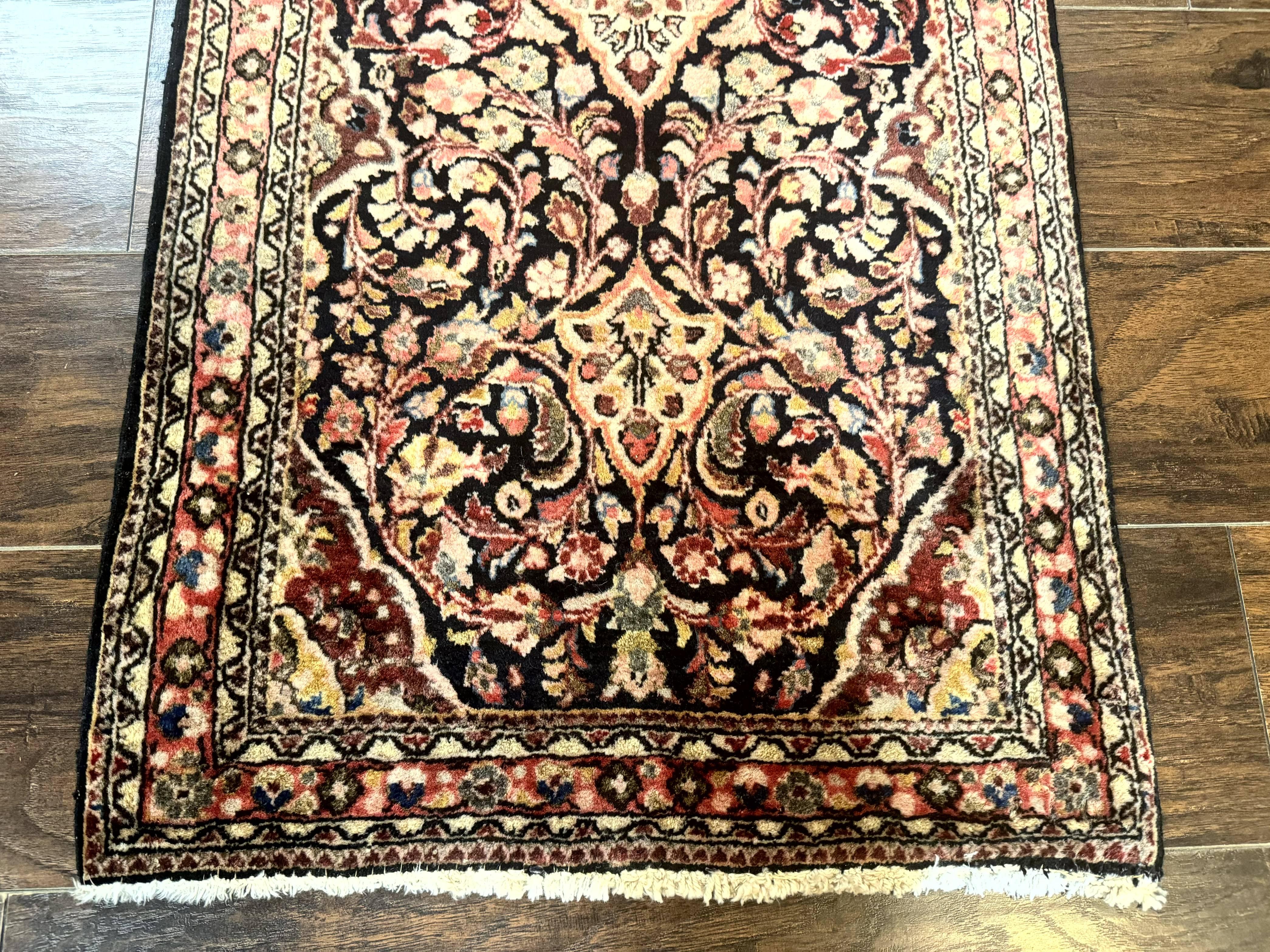 Antique Navy Blue Persian Sarouk Rug 2x4, Floral, Handmade Carpet, Small Persian Rug, Wool Hand Knotted - Jewel Rugs