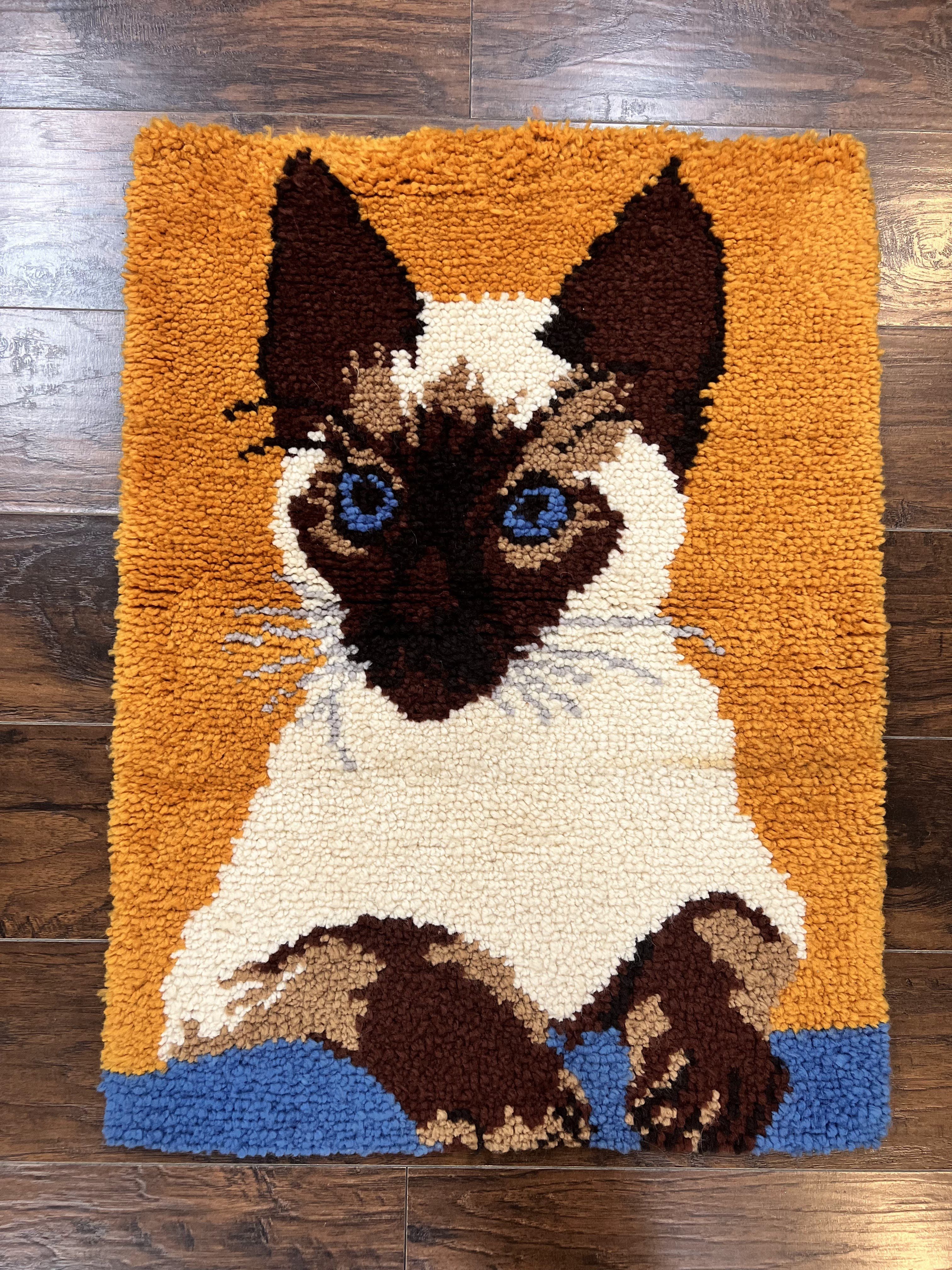 Small Shag Rug with Siamese Cat Pictorial, 2x3 ft Rug, Wool, Vintage, Danish Rya Shag Rug, Orange - Jewel Rugs
