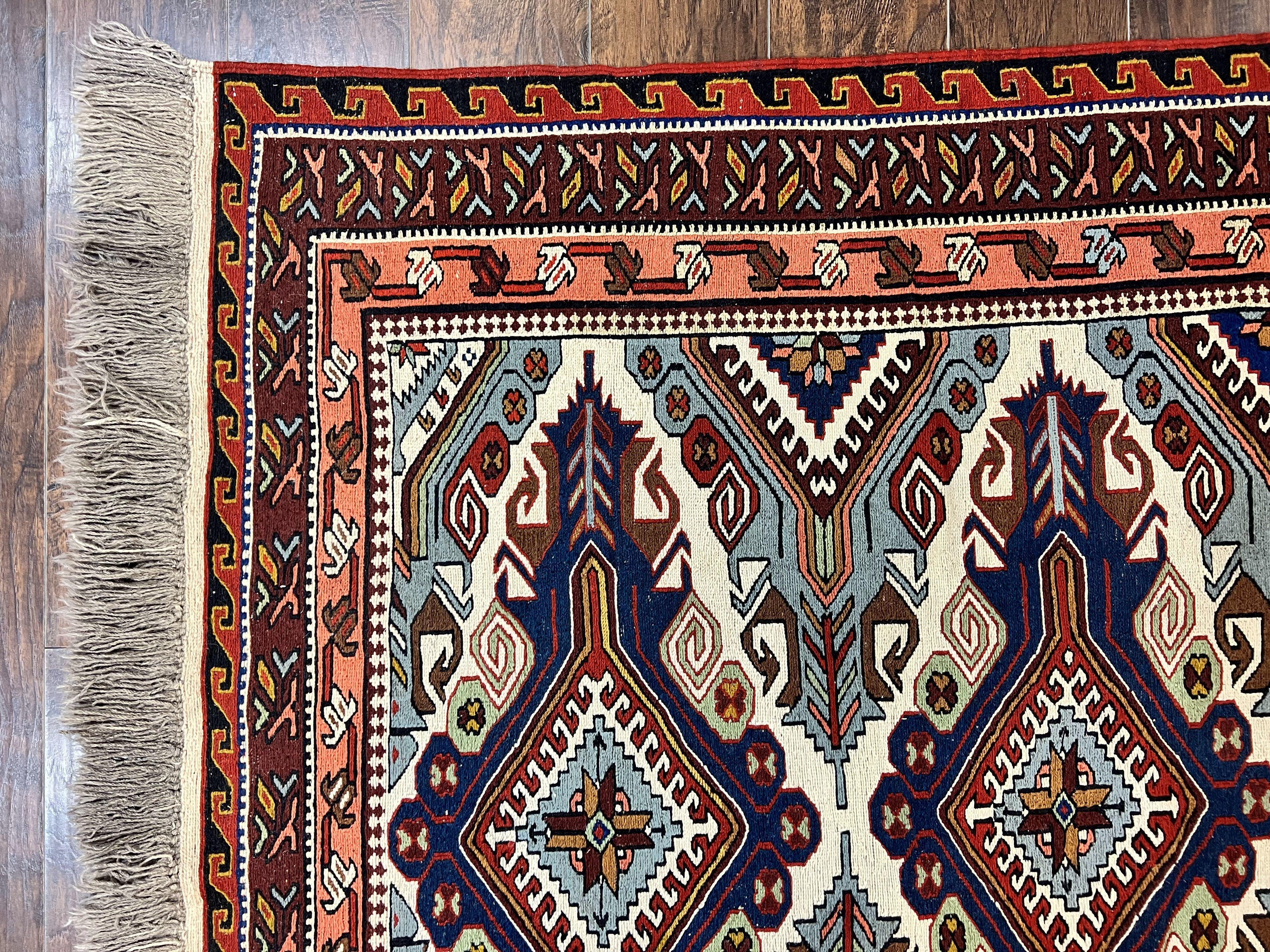 Russian Soumak Rug 6x8, Wool Handmade Antique Kilim Carpet, Multicolor 6 x 8 Geometric Medallions Caucasian Rug, Medium Size - Jewel Rugs