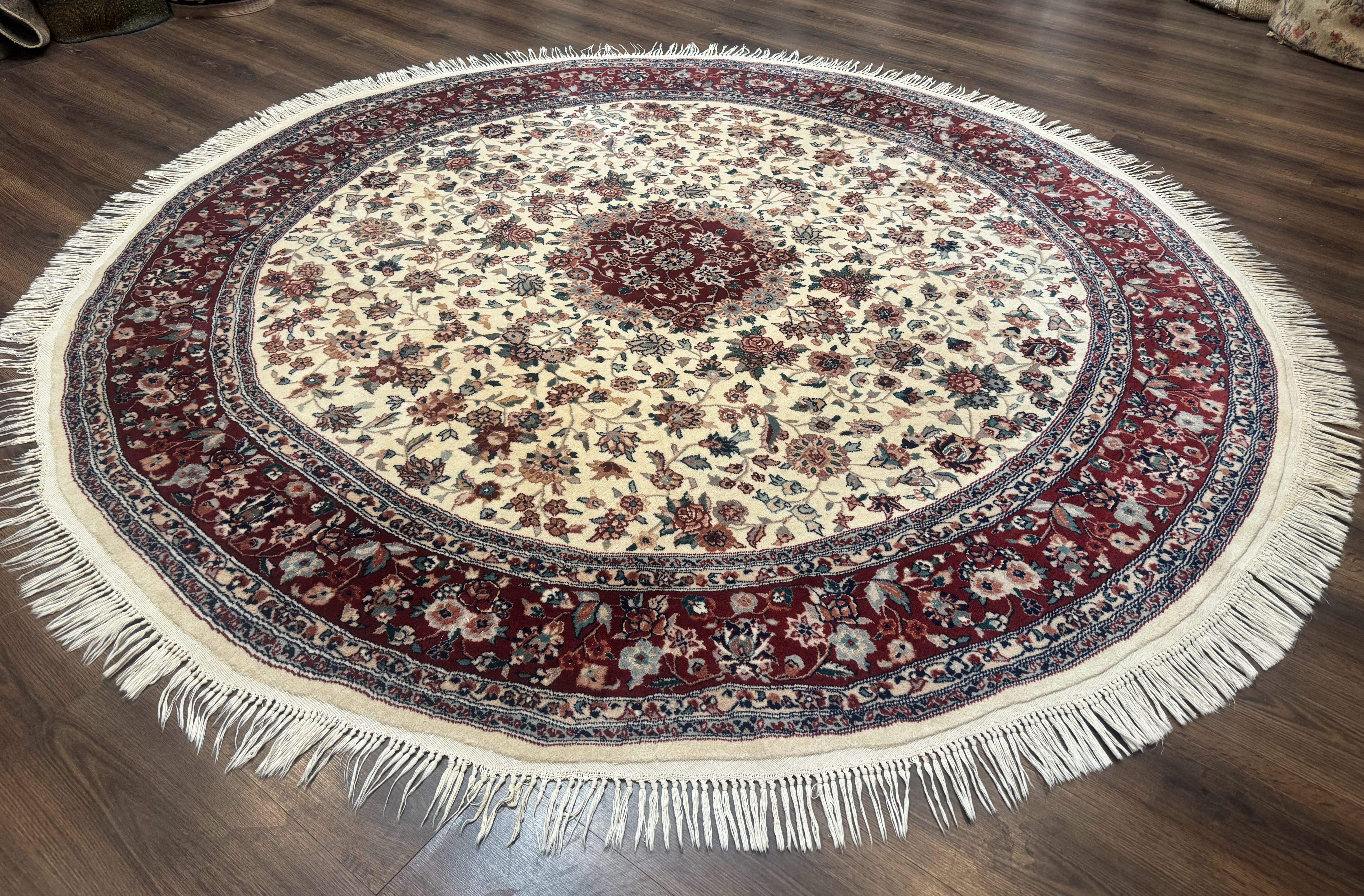 Round Sino Persian Rug 8x8, Wool and Silk, Floral Medallion, Ivory Dark Red - Jewel Rugs