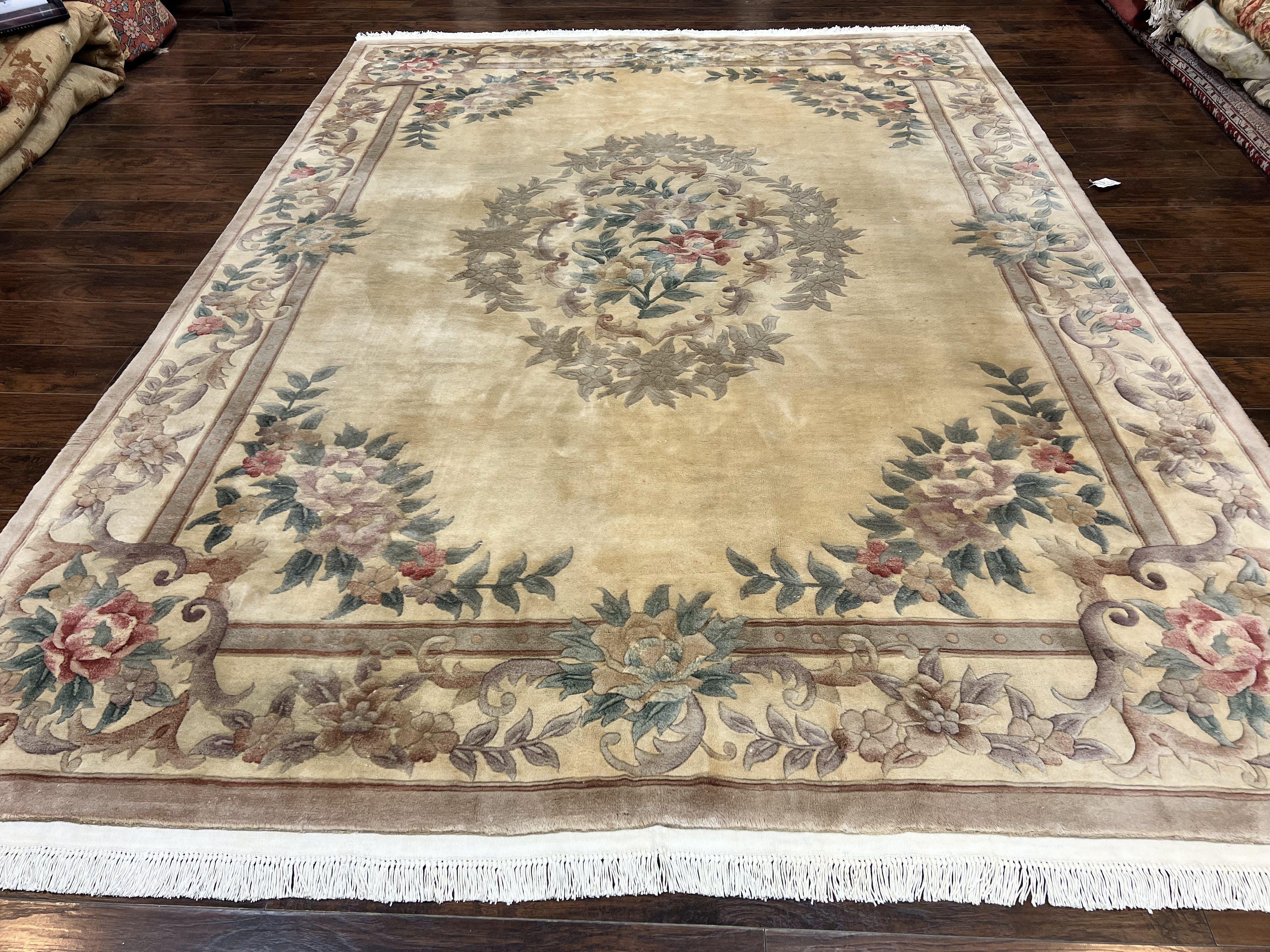 Chinese 90 Line Rug 9x12 ft, Vintage 1960s Chinese Wool Pile Aubusson Area Rug 9 x 12 ft, Tientsin Asian Oriental Rug, Floral - Jewel Rugs