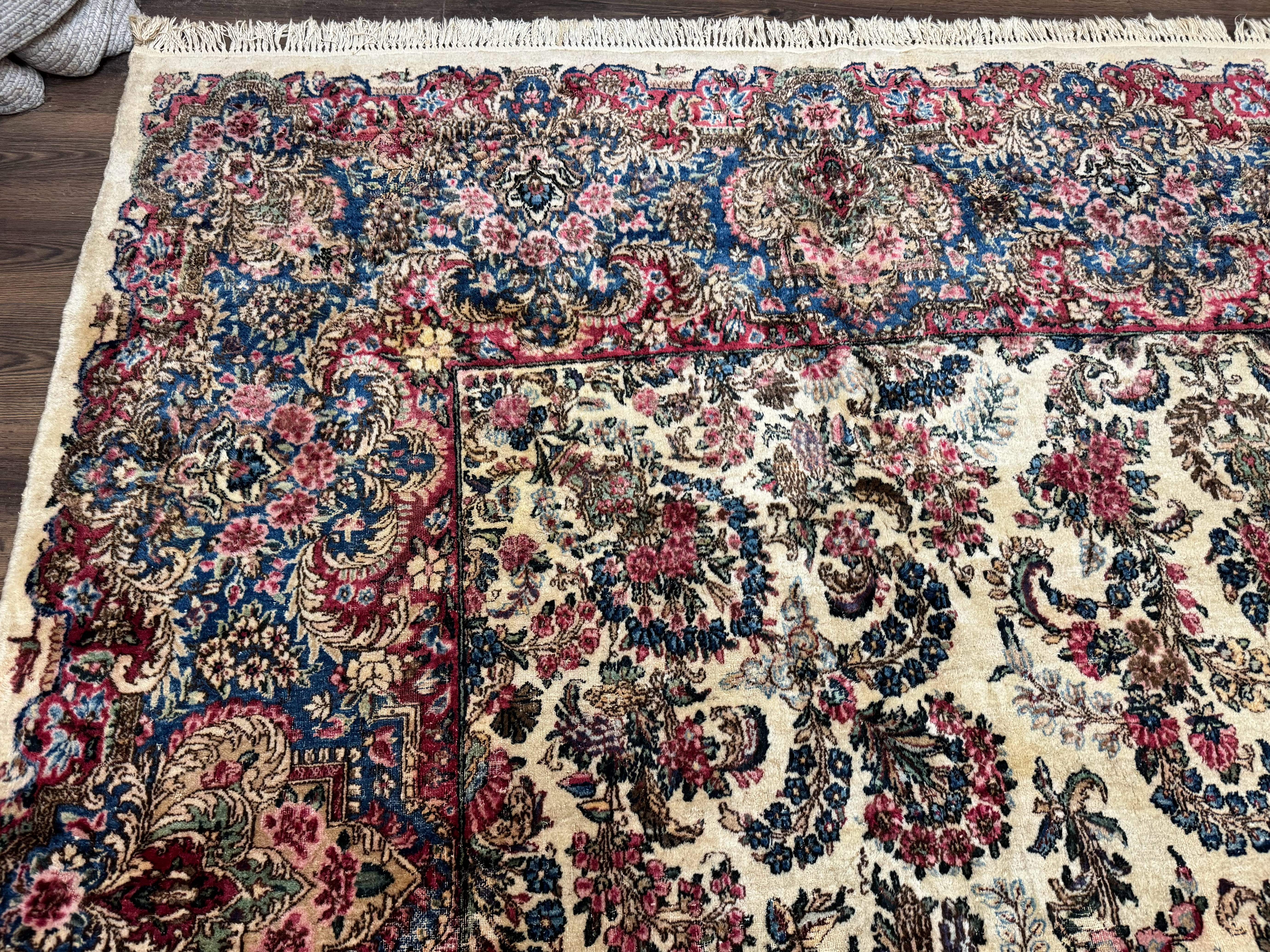 Palace Size Persian Kerman Rug 11x18, Ivory Blue Pink, Floral, Wool, Antique, 200 KPSI - Jewel Rugs