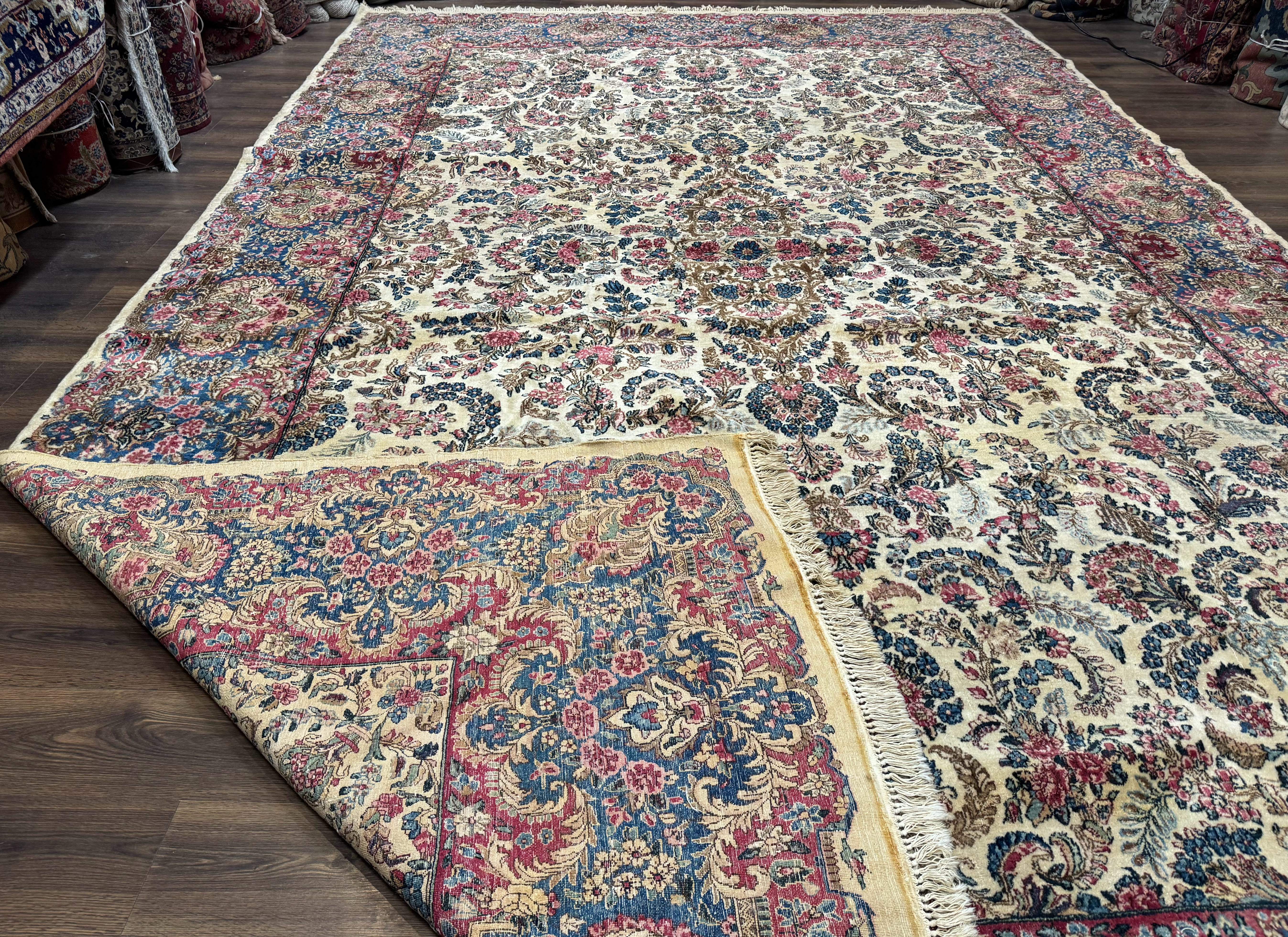 Palace Size Persian Kerman Rug 11x18, Ivory Blue Pink, Floral, Wool, Antique, 200 KPSI - Jewel Rugs