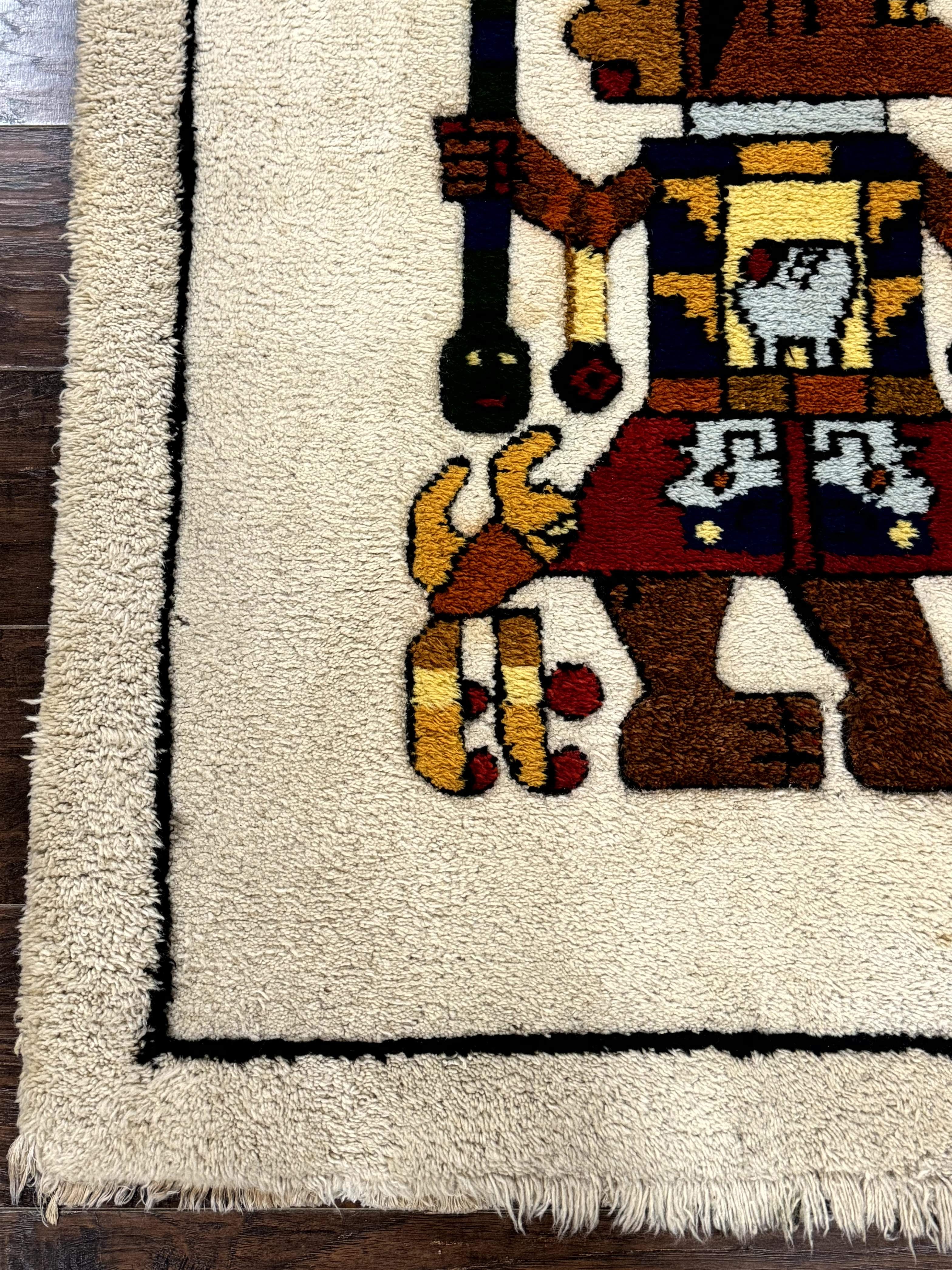 South American Shag Rug 3x5 – Ivory, Pictorial, Vintage Peruvian Native American Wool Rug - Jewel Rugs