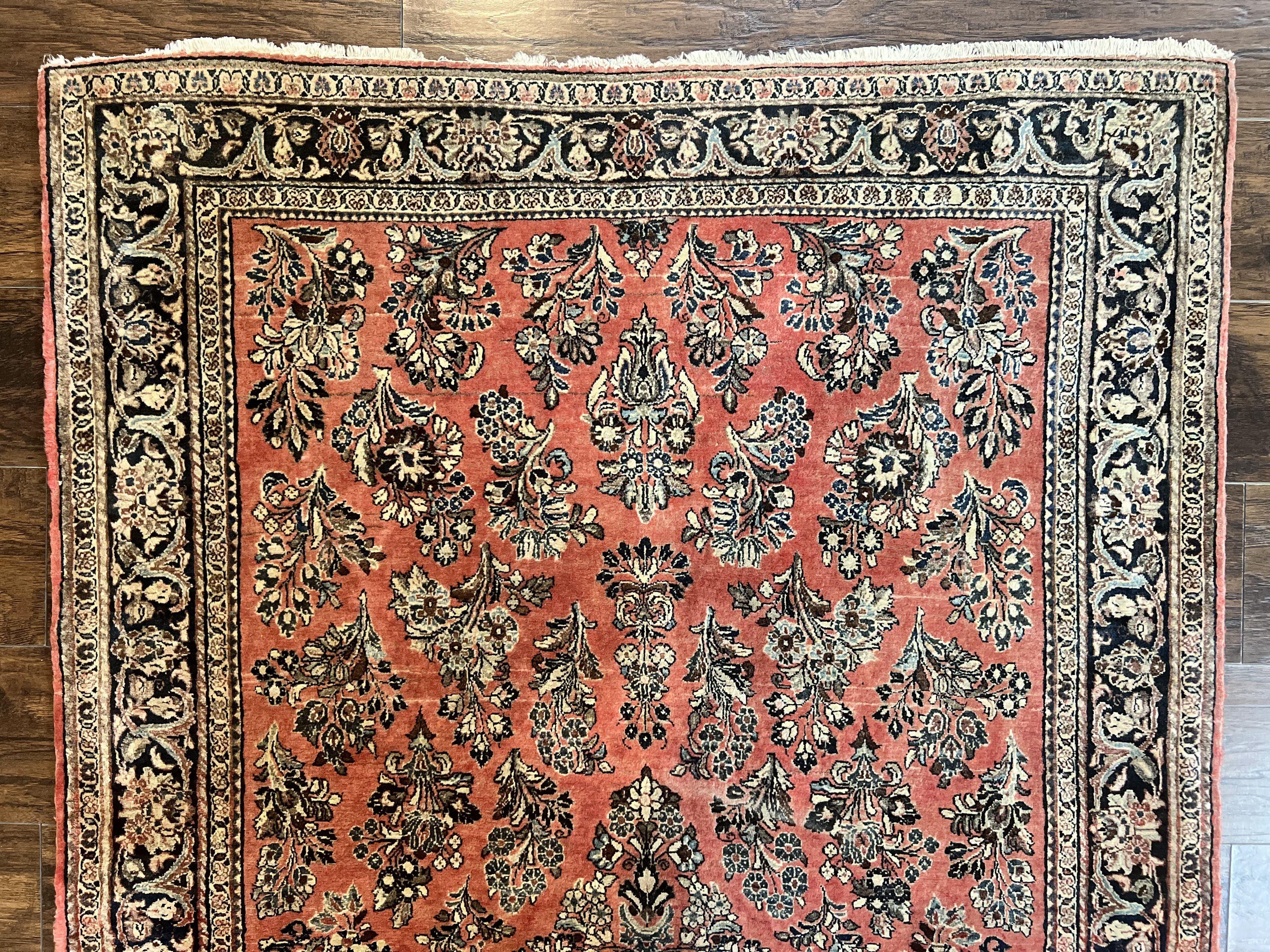 Antique Persian Sarouk Rug 4x7, Hand Knotted Wool Red Persian Carpet, Floral, Fine 300 KPSI - Jewel Rugs