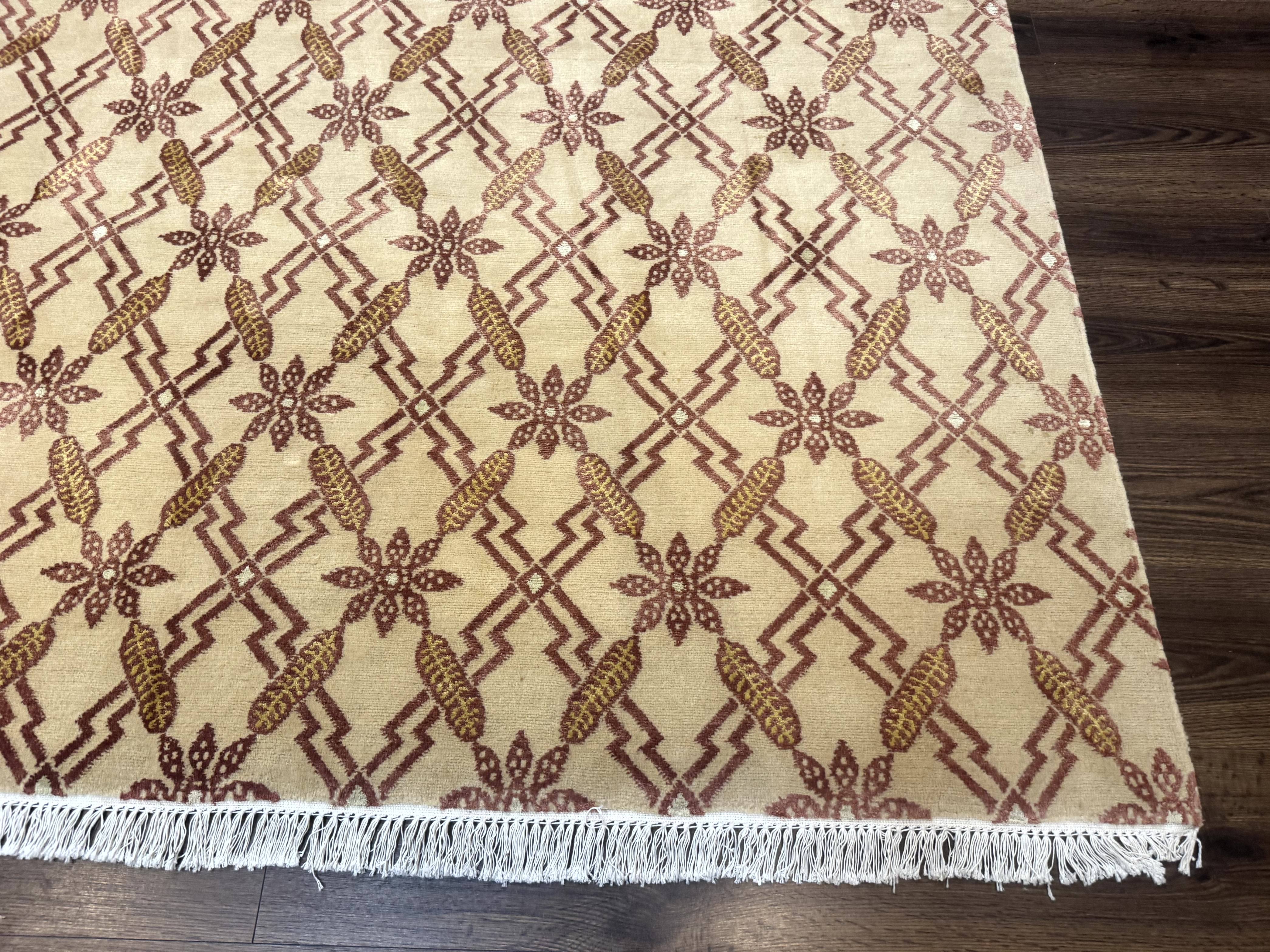 Tibetan Rug 8x10, Wool with Silk Highlights, Beige and Maroon, Contemporary Carpet - Jewel Rugs