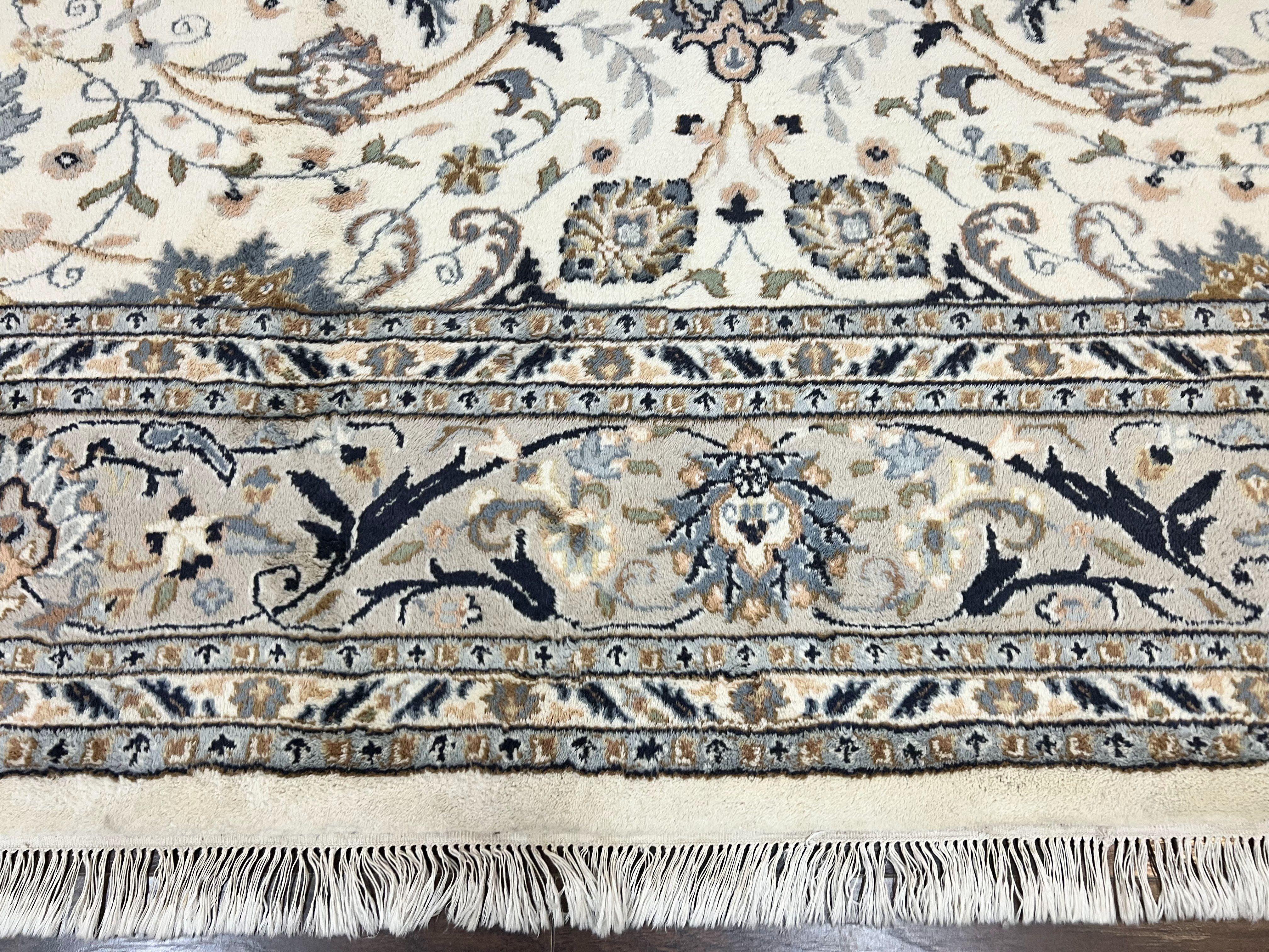 Indo Persian Rug 10x14, Floral Allover, Ivory and Light Gray, Handmade Vintage Wool Large Carpet - Jewel Rugs