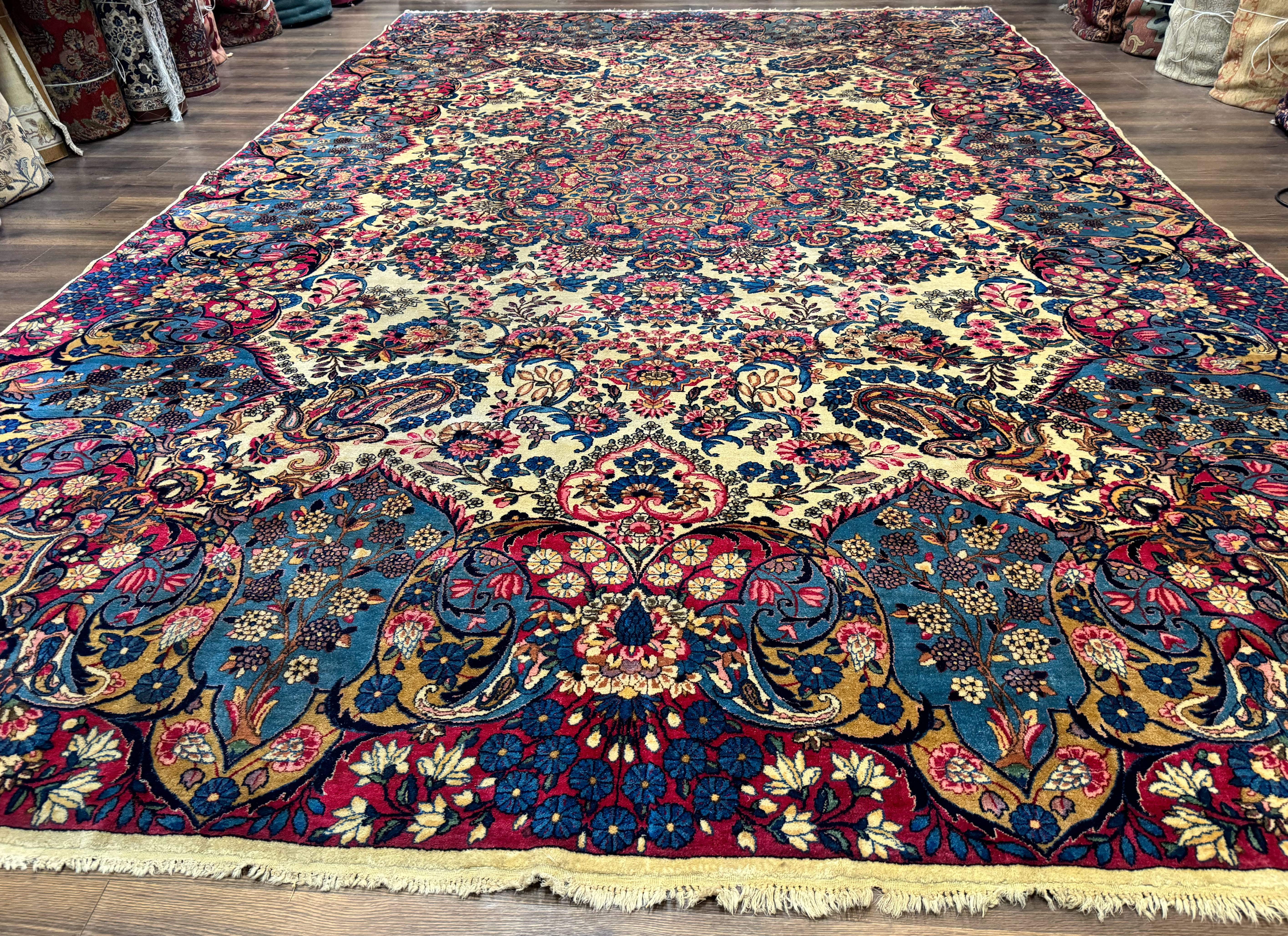Wonderful Persian Kerman Rug 11x16, Rare Antique Palace Size Persian Carpet, Cream Blue Red, Colorful - Jewel Rugs