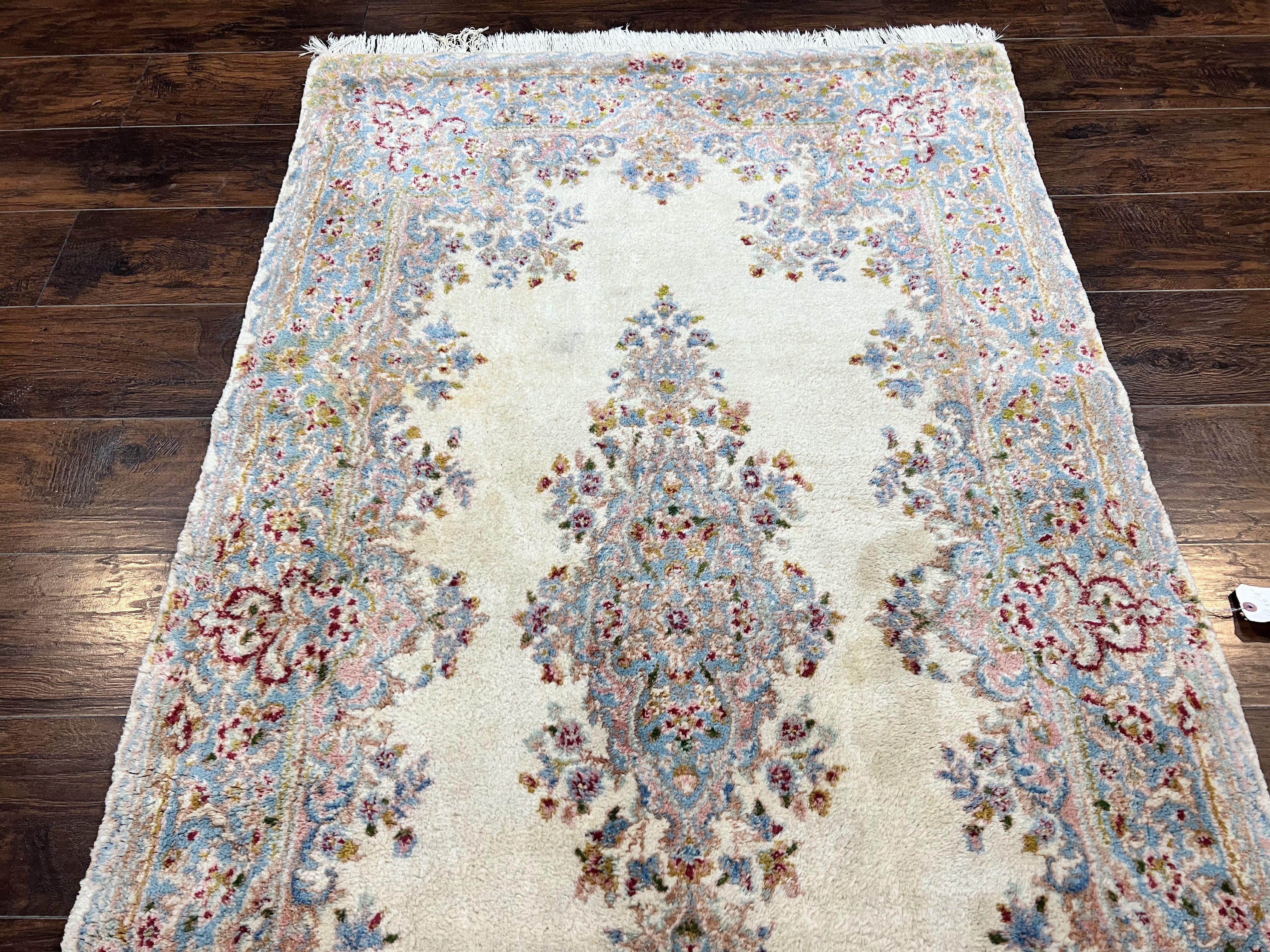 Persian Kirman Rug 4x7, Wool Handmade Vintage Carpet, Cream & Light Blue, Semi Open Field, Traditional Oriental Rug - Jewel Rugs