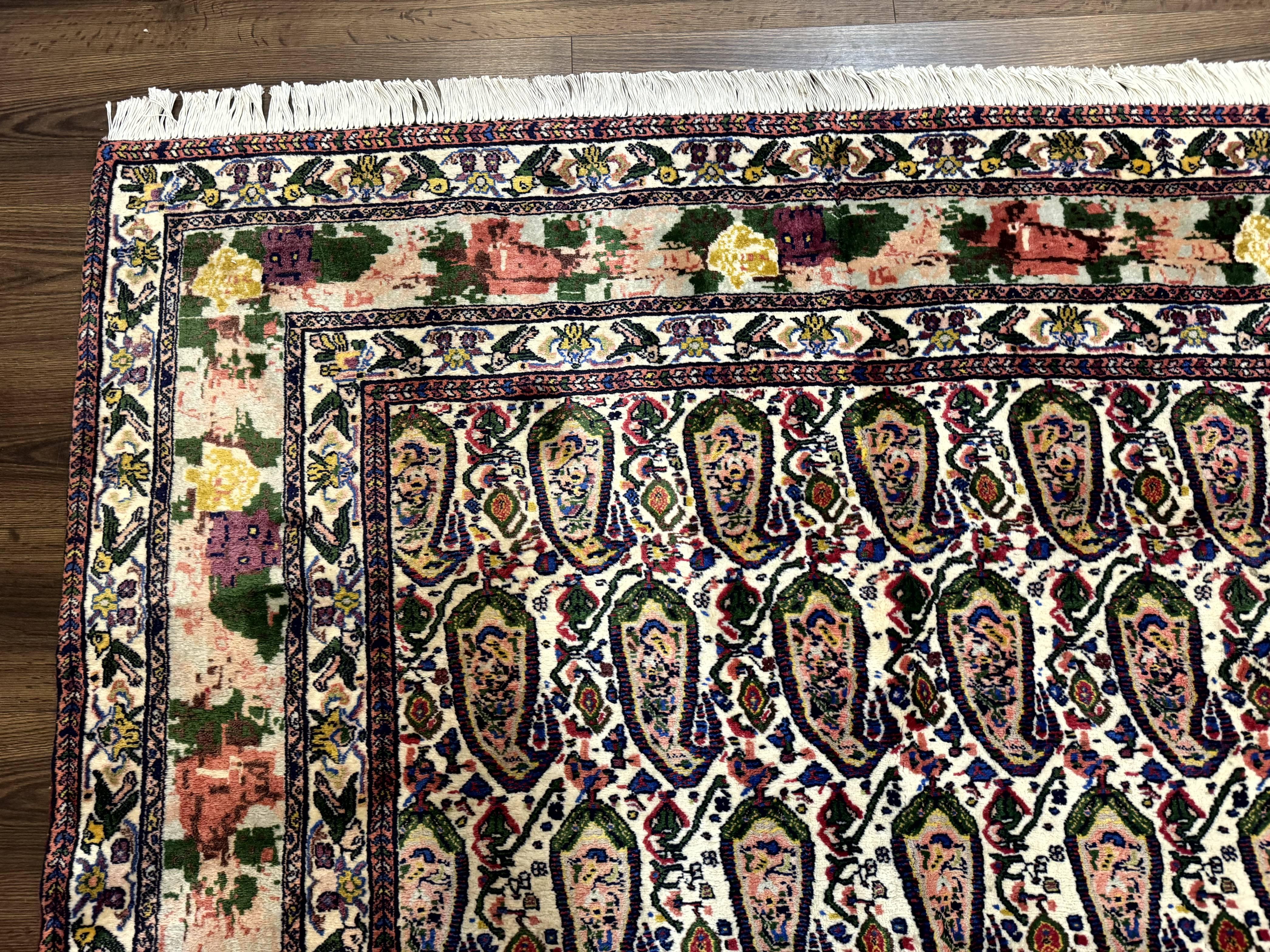 Persian Rug 8x11, Boteh Design, Repeated Paisleys, Persian Kurdish Rug, Bird Pictorials, Rare Antique Persian Kurdish Sannadaji Carpet - Jewel Rugs