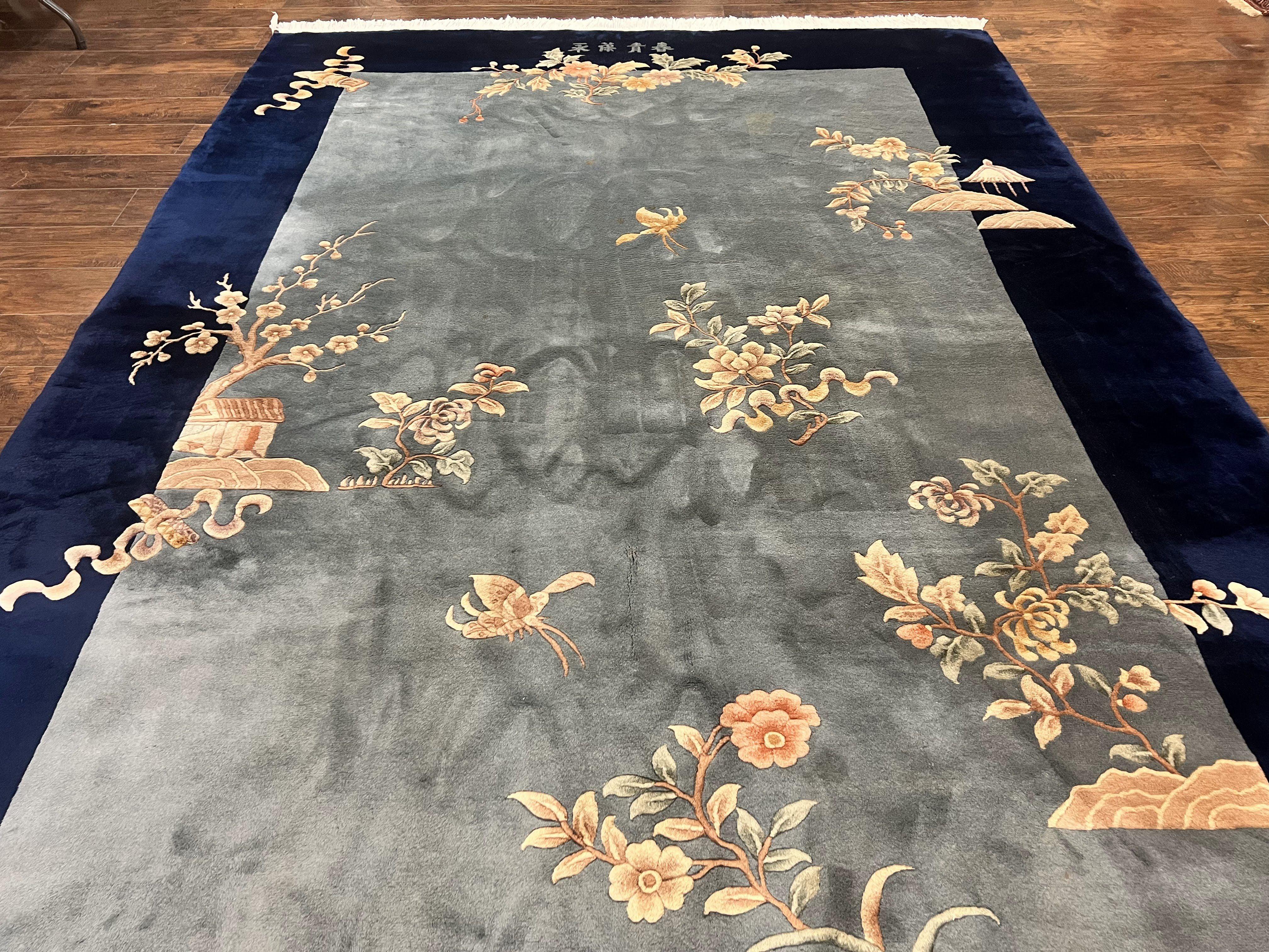 Chinese Wool Rug 9x11, Art Deco Carpet 9 x 11, Wool Handmade Vintage Carving Rug, Navy Blue & Gray, Simple Design, Signed by Masterweaver - Jewel Rugs