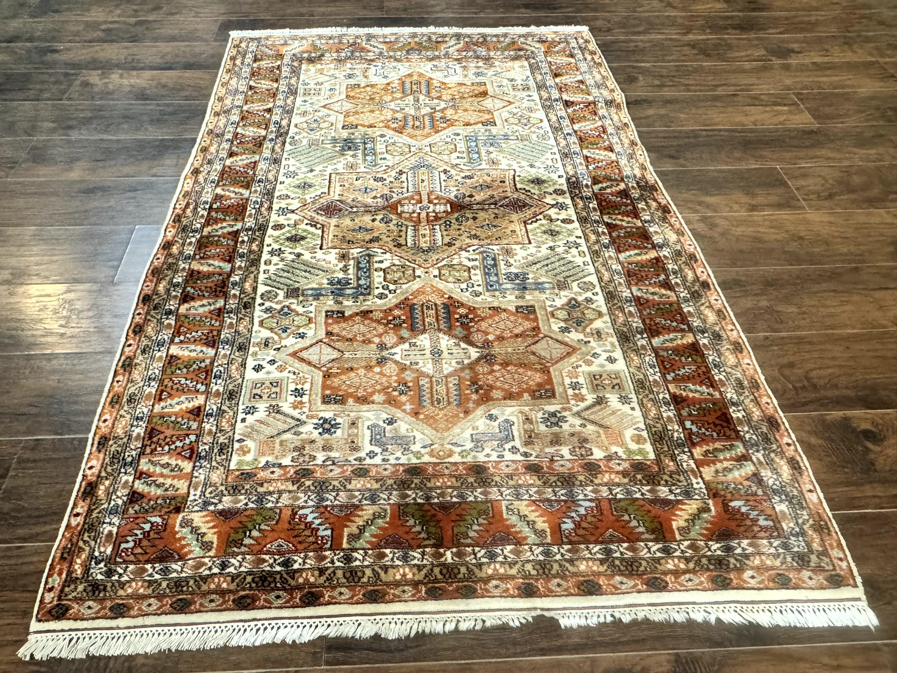 Turkish Kazak Rug 4x6, Geometric Medallions, Vintage Handmade Wool Carpet - Jewel Rugs