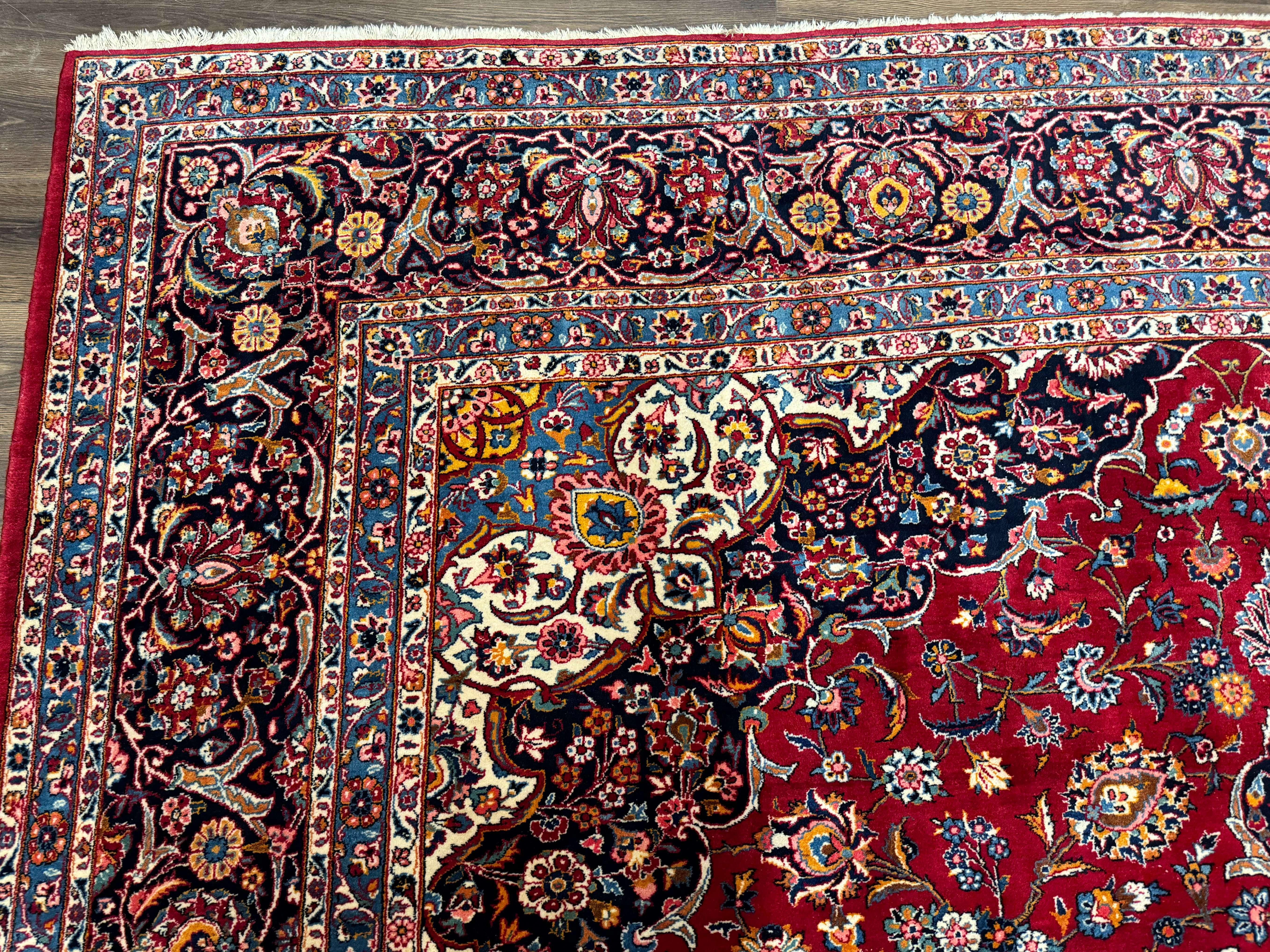 Large Persian Kashan Rug 11x14, Traditional Persian Carpet, Wool, Fine 250 KPSI, Red Navy Blue - Jewel Rugs