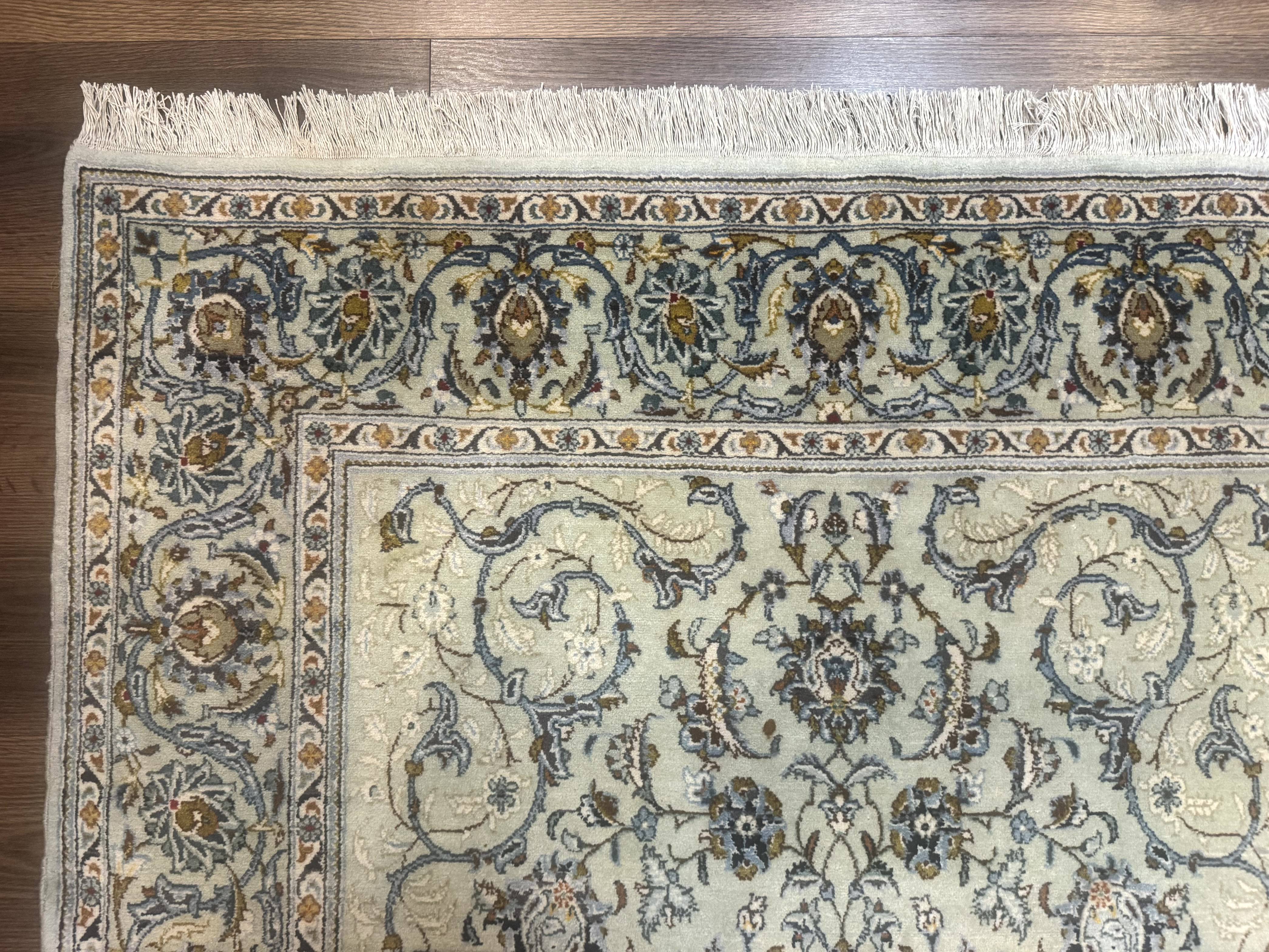 Persian Kashan Rug, Unique Colors, 225 KPSI, Light Green and Light Blue - Jewel Rugs