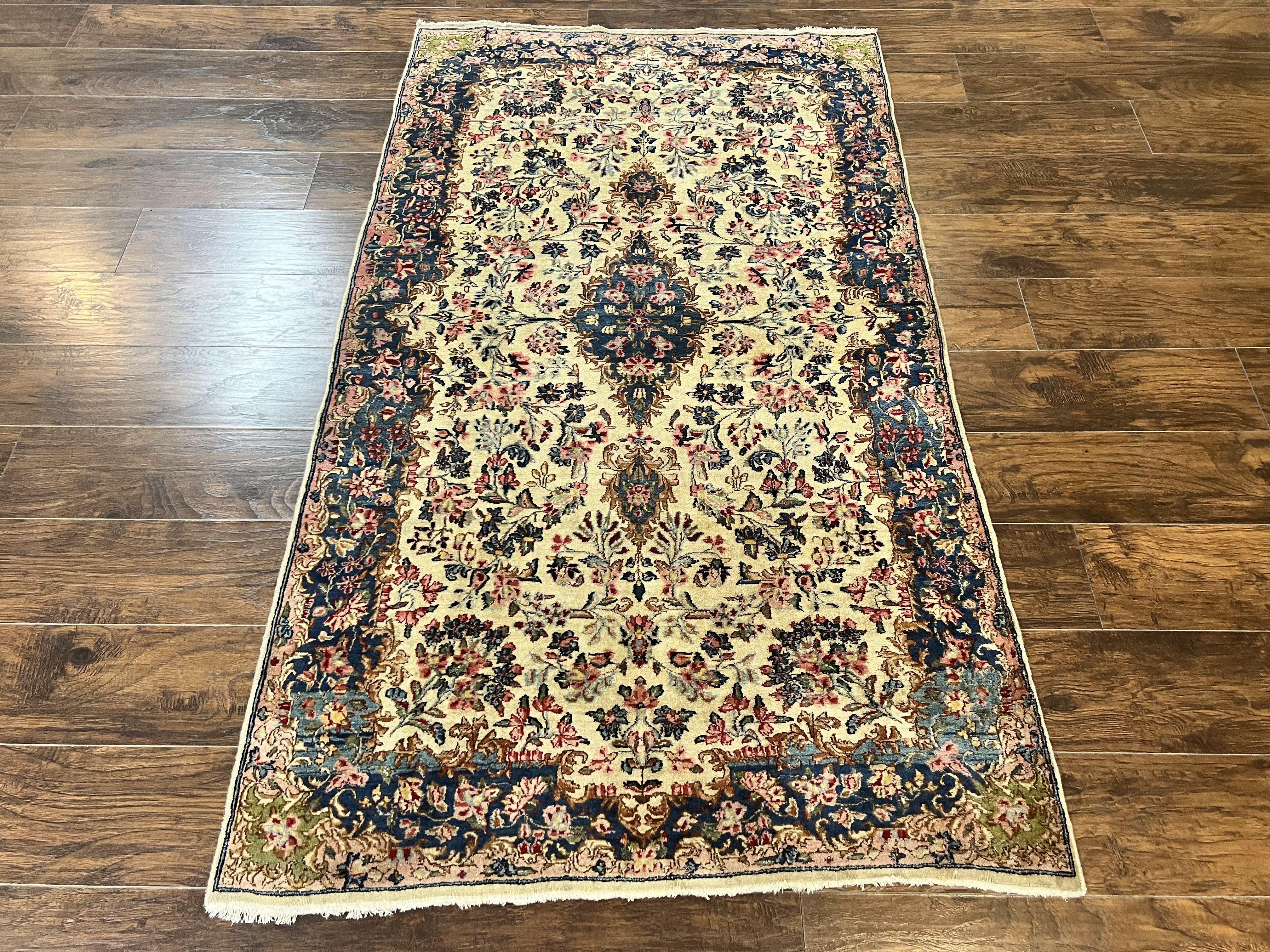 Antique Persian Kirman Rug 4x7, Cream and Navy Blue, Hand Knotted Wool Floral Carpet - Jewel Rugs