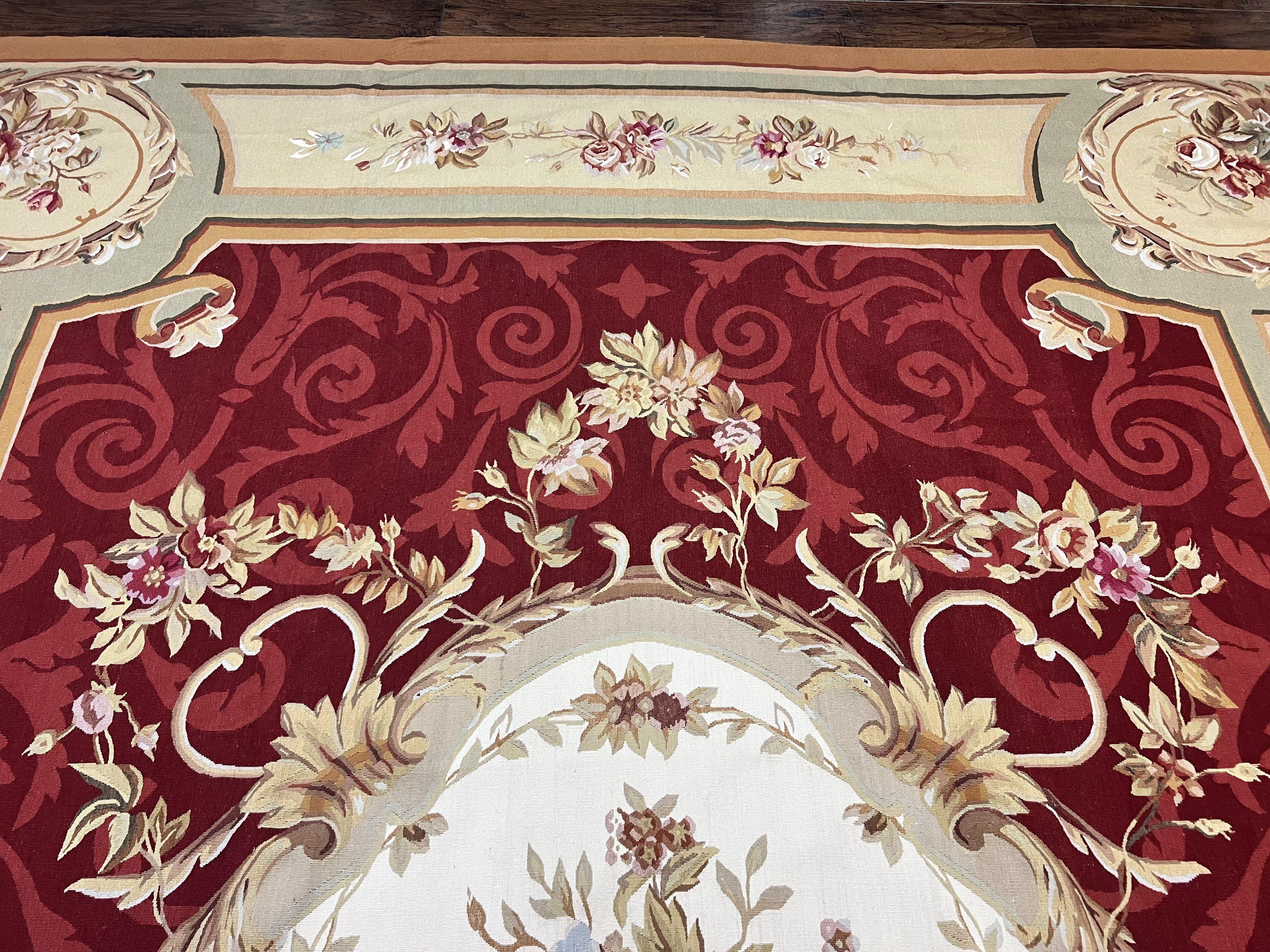 Large Aubusson Rug 10x14, Wool Handmade Vintage Carpet, Dark Red Ivory Tan, French European Elegant Aubusson Weave Rug - Jewel Rugs