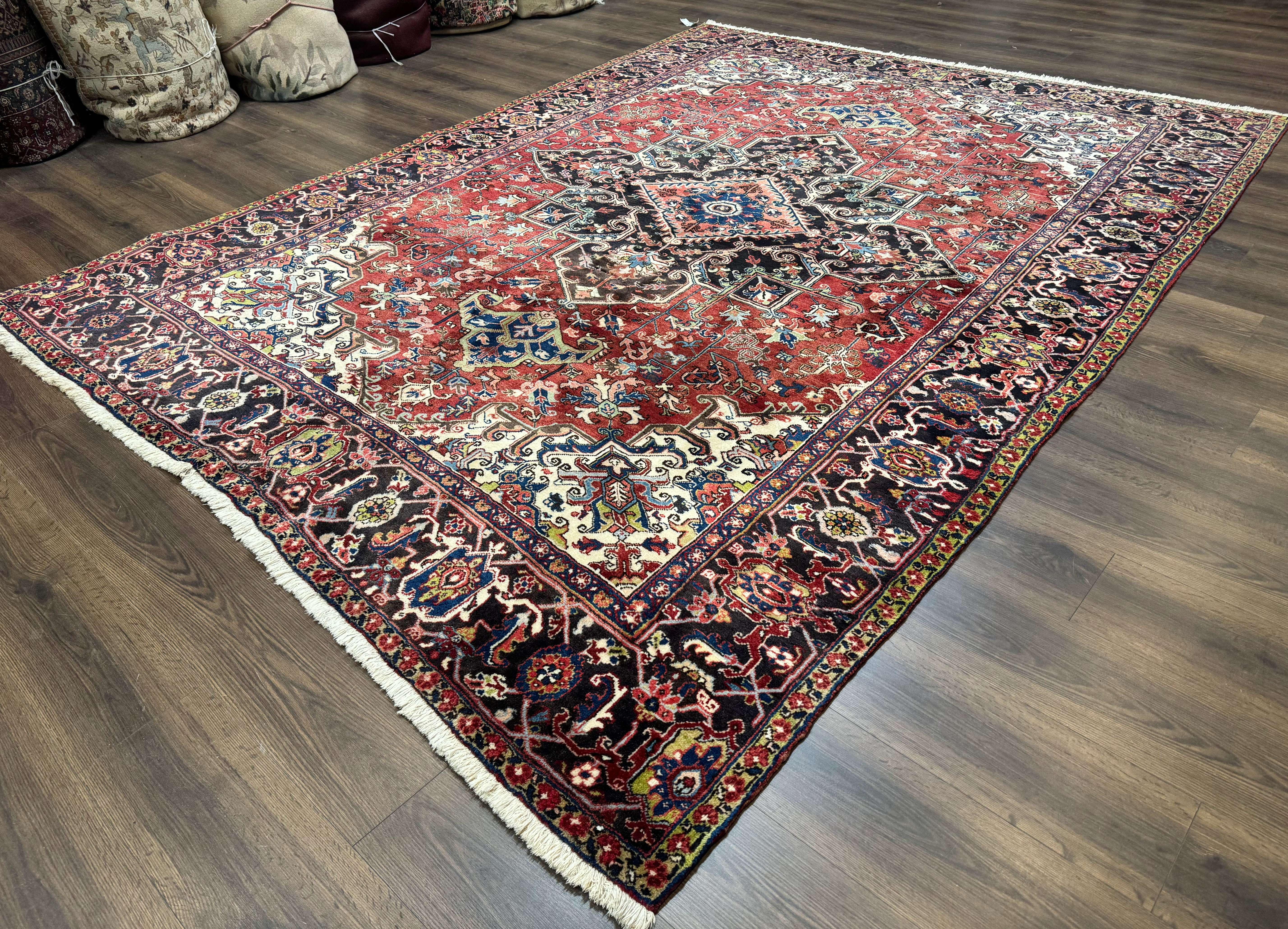 Antique Persian Heriz Rug 8x11, Geometric Tribal Wool Carpet, Brick Red - Jewel Rugs