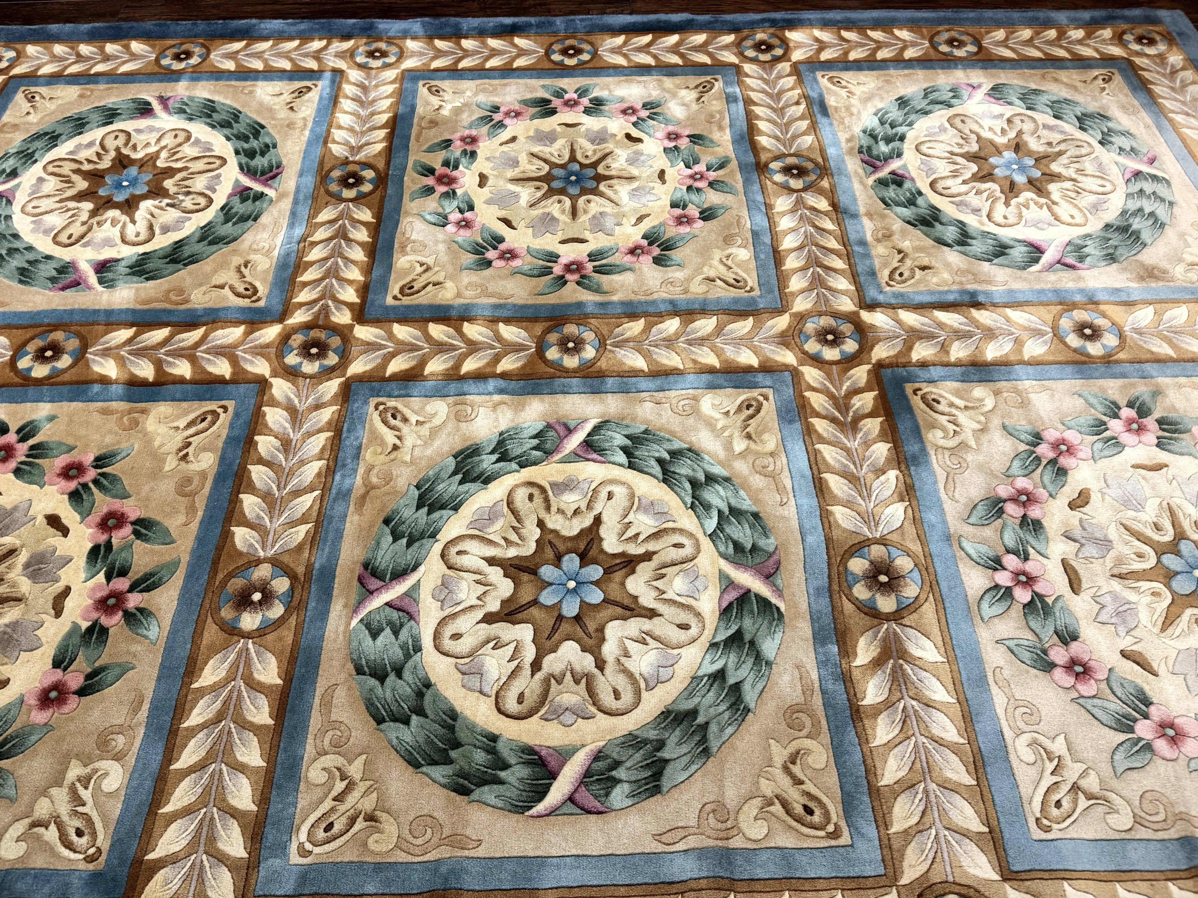 Chinese Aubusson Wool Rug 10x13, European Panel Design, Elegant Carpet, Vintage Handmade Plush Wool Pile Carpet, 90 Line Rug, Tan - Jewel Rugs