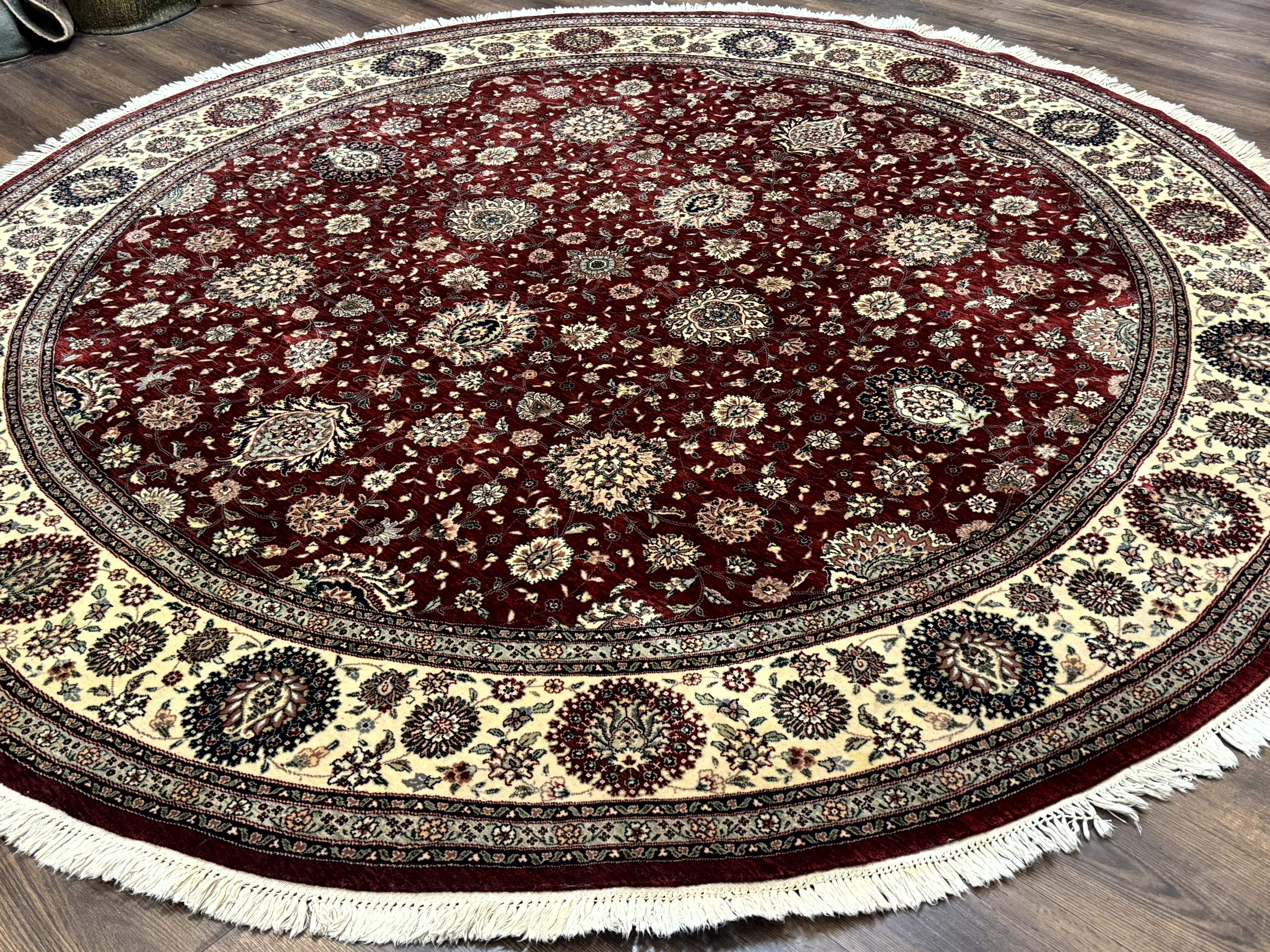 Round Sino Persian Rug 9x9, Burgundy and Cream, Floral, Wool and Silk, 9ft Round Carpet - Jewel Rugs
