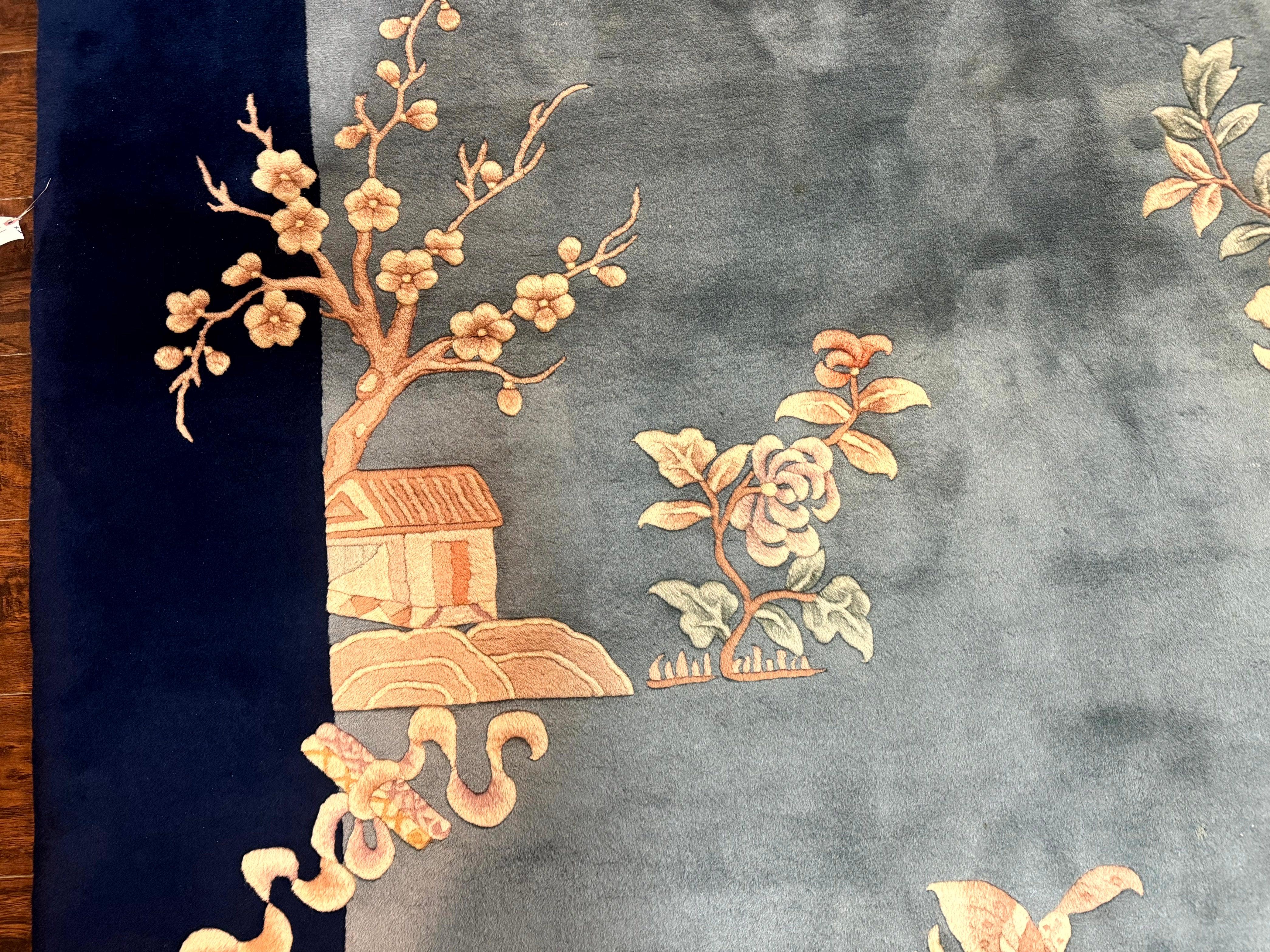 Blue Chinese Wool Rug 8 x 11.5, Open Field, Simple Design, Flowers, 90 Line Rug, Vintage Art Deco Carpet, Asian Oriental Rug - Jewel Rugs