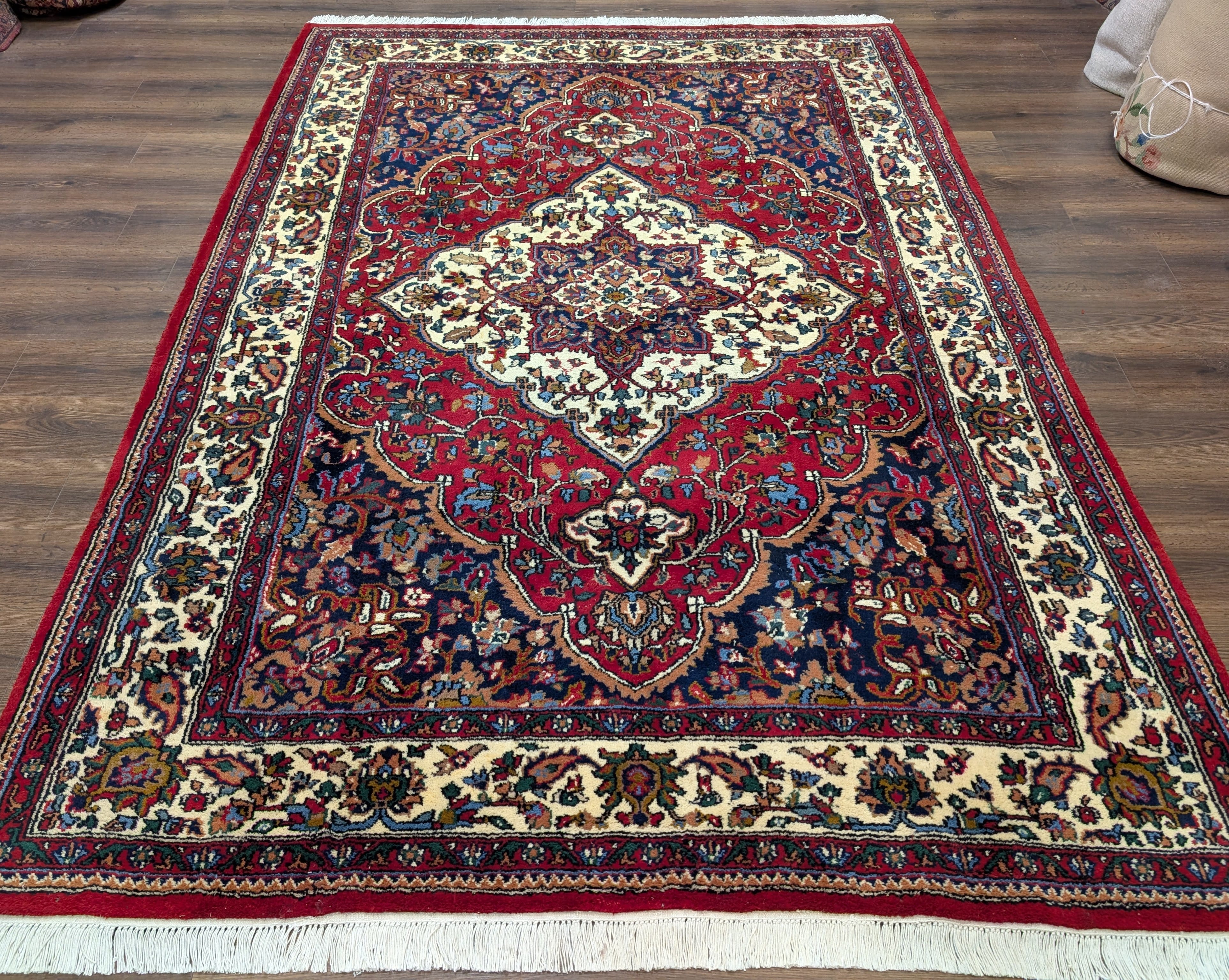 Indo Persian Rug 7x10, Floral Medallion Hand-Knotted Wool Carpet, Red Ivory Navy - Jewel Rugs