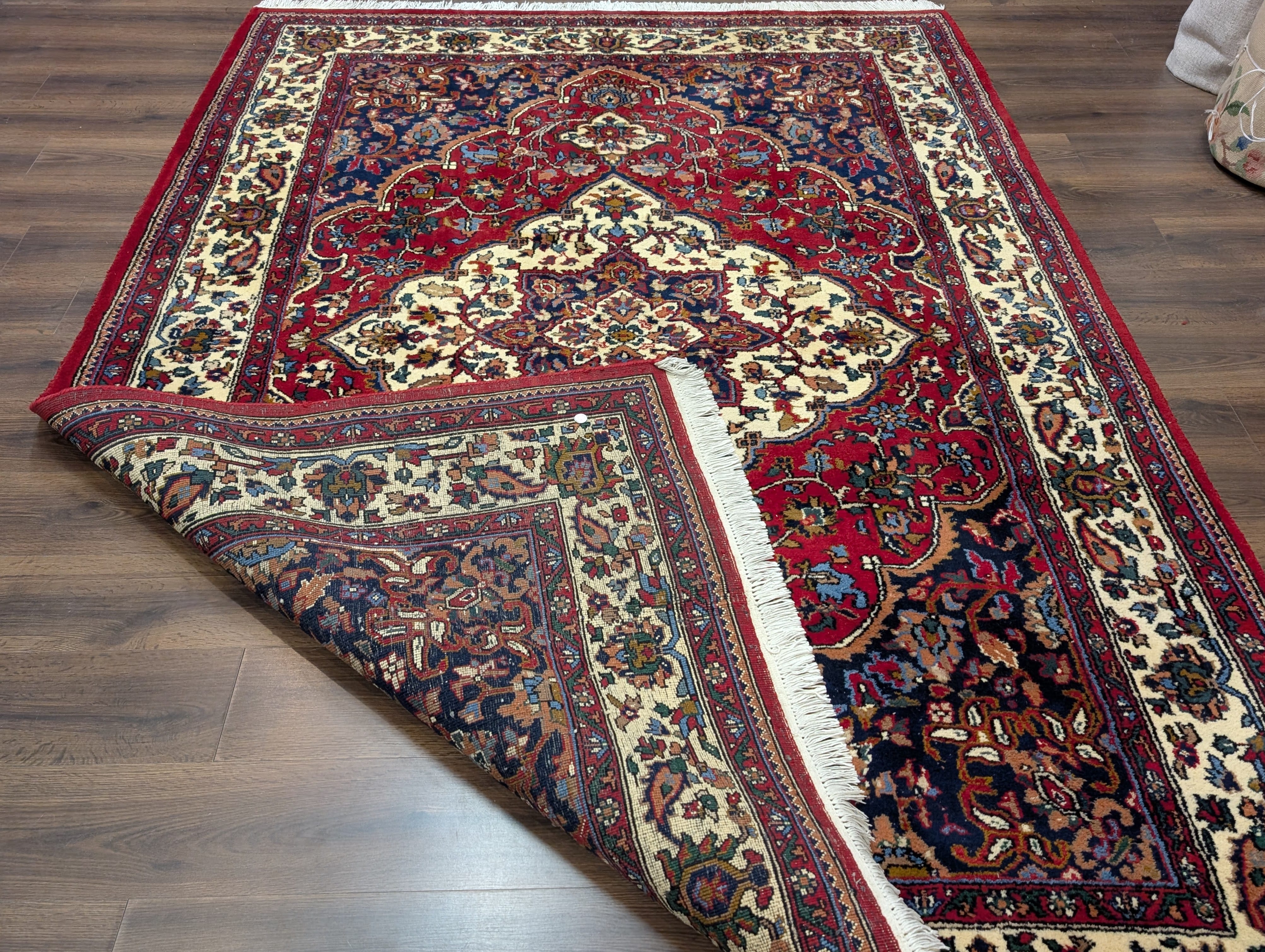 Indo Persian Rug 7x10, Floral Medallion Hand-Knotted Wool Carpet, Red Ivory Navy - Jewel Rugs