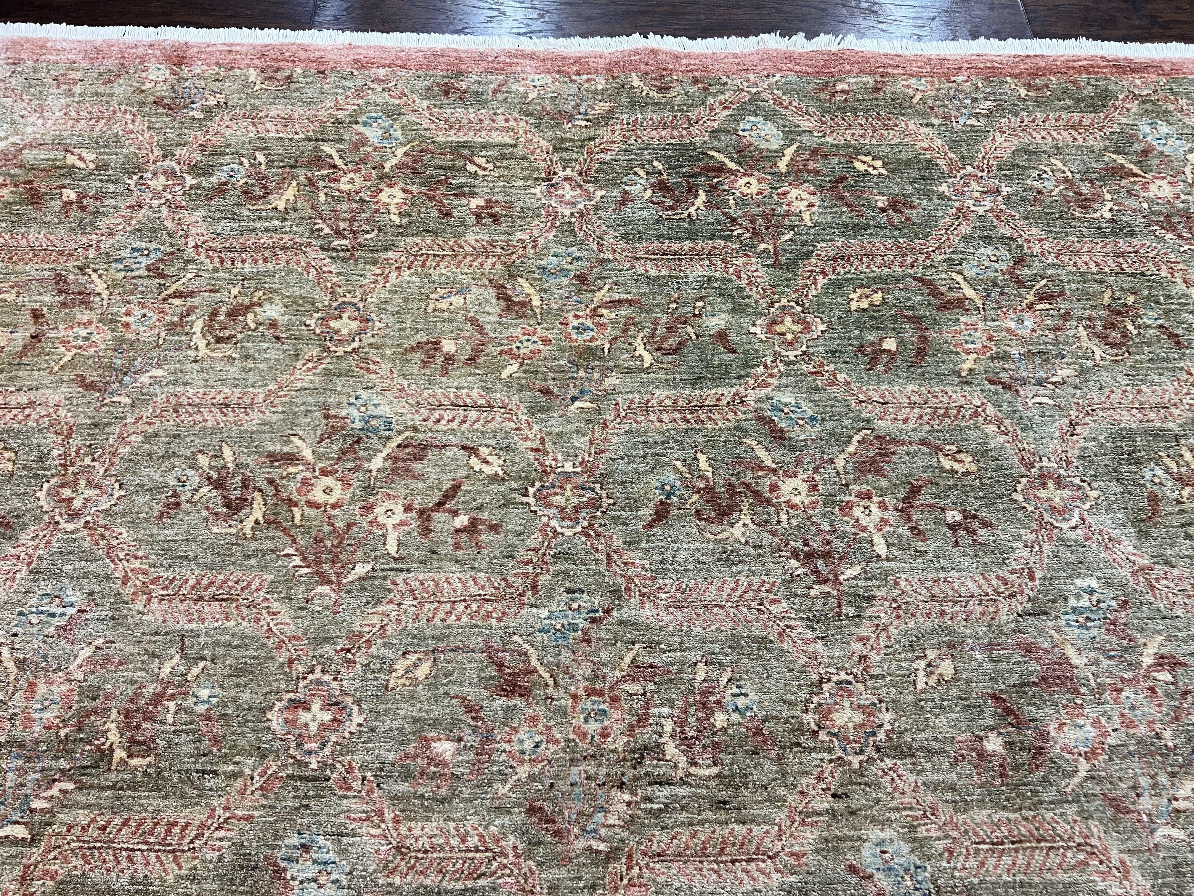 Large Modern Pakistani Rug 9x12, Handmade Wool Carpet, Peshawar Rug, Hand Knotted Oriental Rug, Contemporary, Floral, Light Green - Jewel Rugs