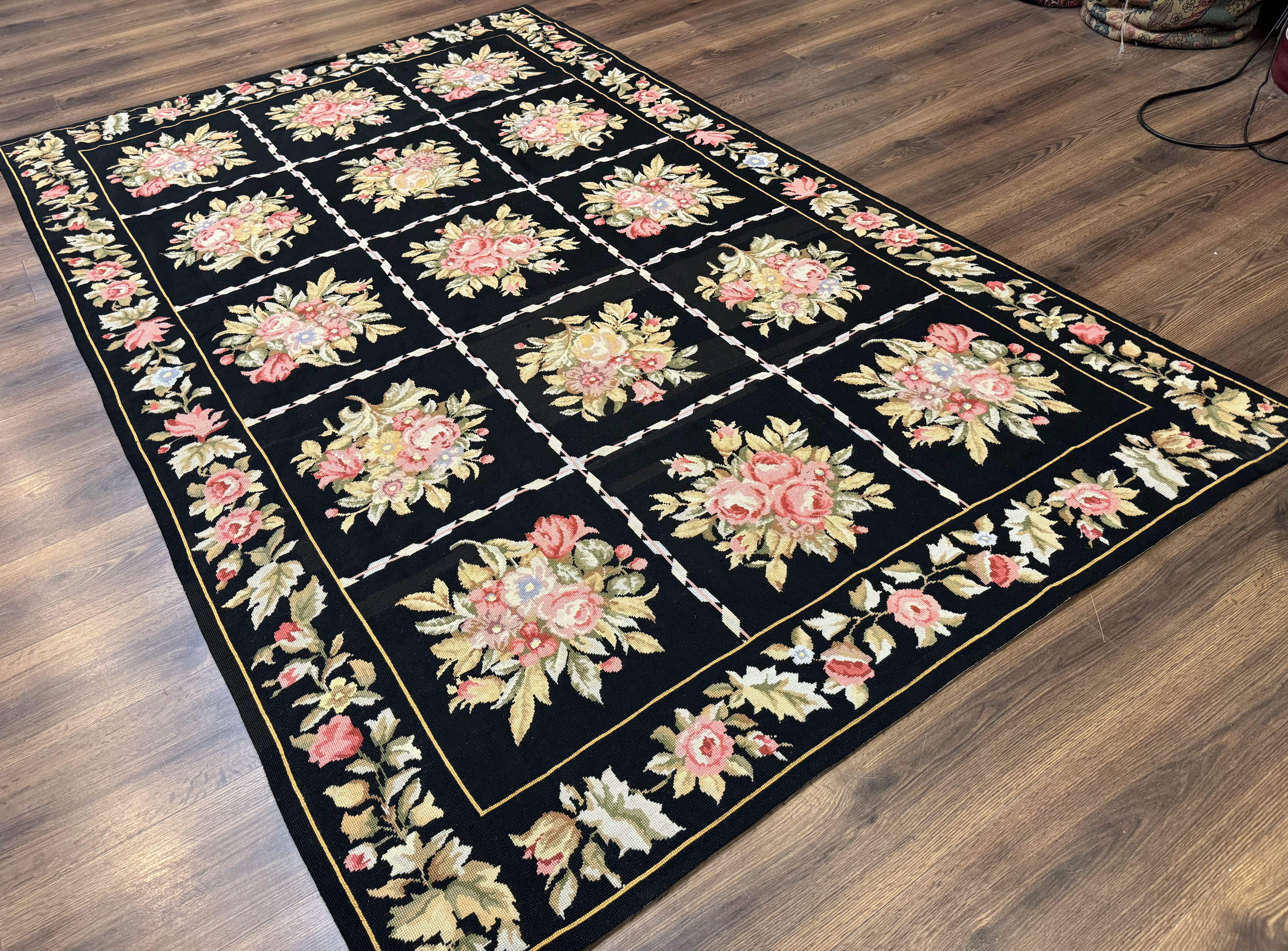 Black Floral Needlepoint Rug 5x9, European Panel Design, Vintage Carpet - Jewel Rugs