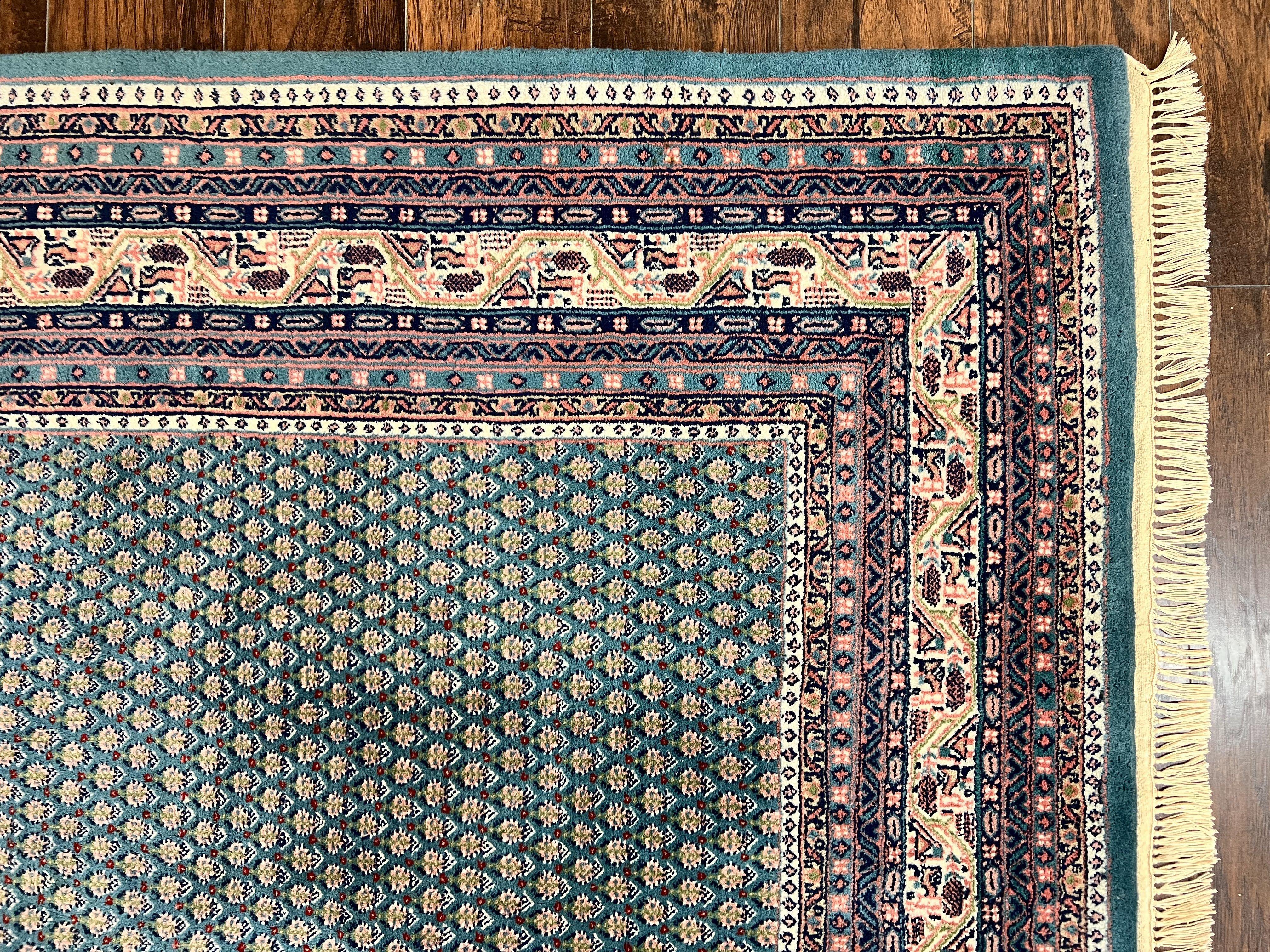 Indo Persian Sarouk Mir Rug 9x12, Green and Cream/Beige, Repeated Boteh Paisley Design, Soft Wool Handmade Hand Knotted Indian Oriental Rug - Jewel Rugs