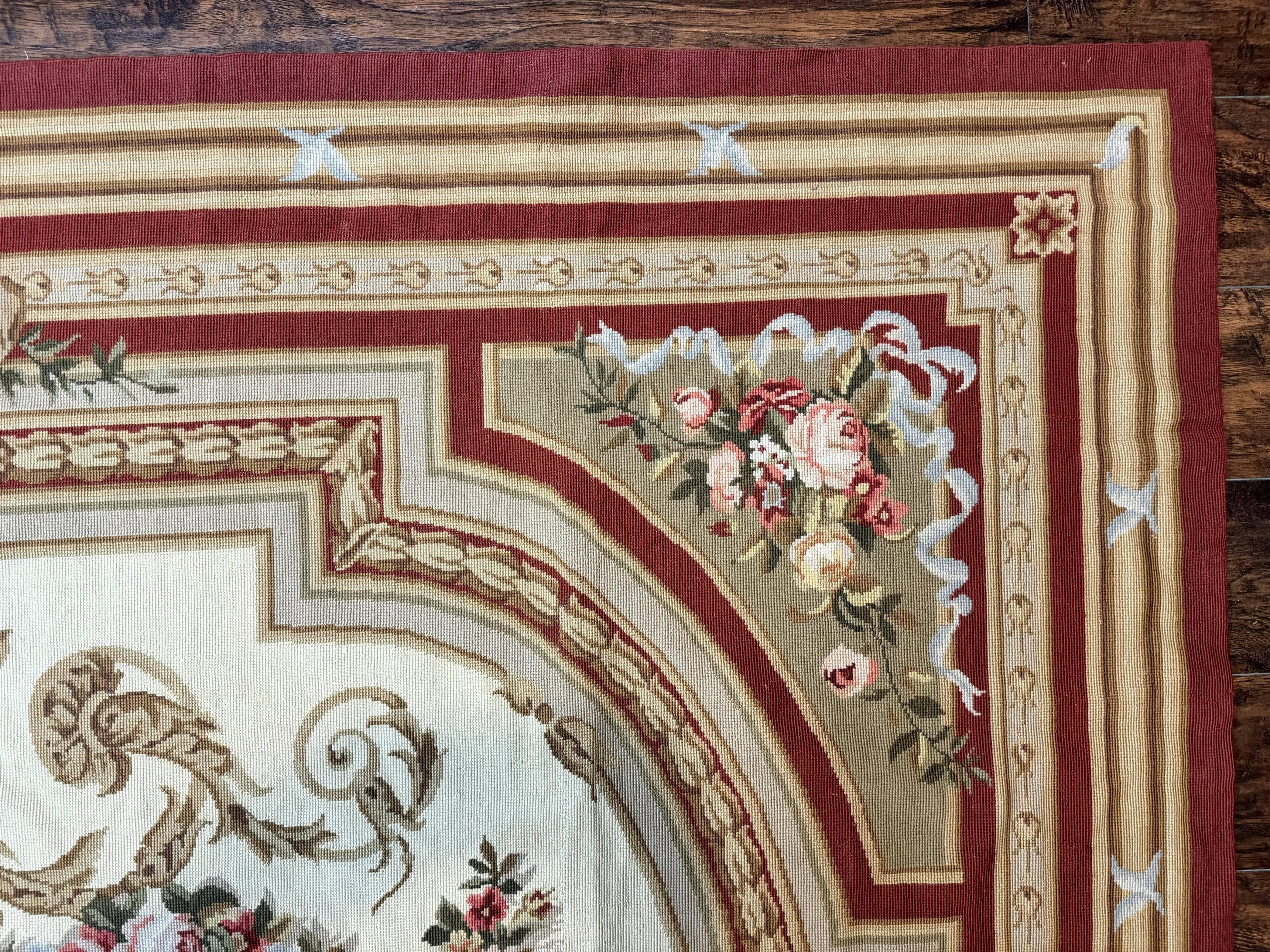 Aubusson Needlepoint Rug 9x11, Handmade Vintage Wool Flatweave Carpet, Elegant European Rug, Floral, Cream - Jewel Rugs