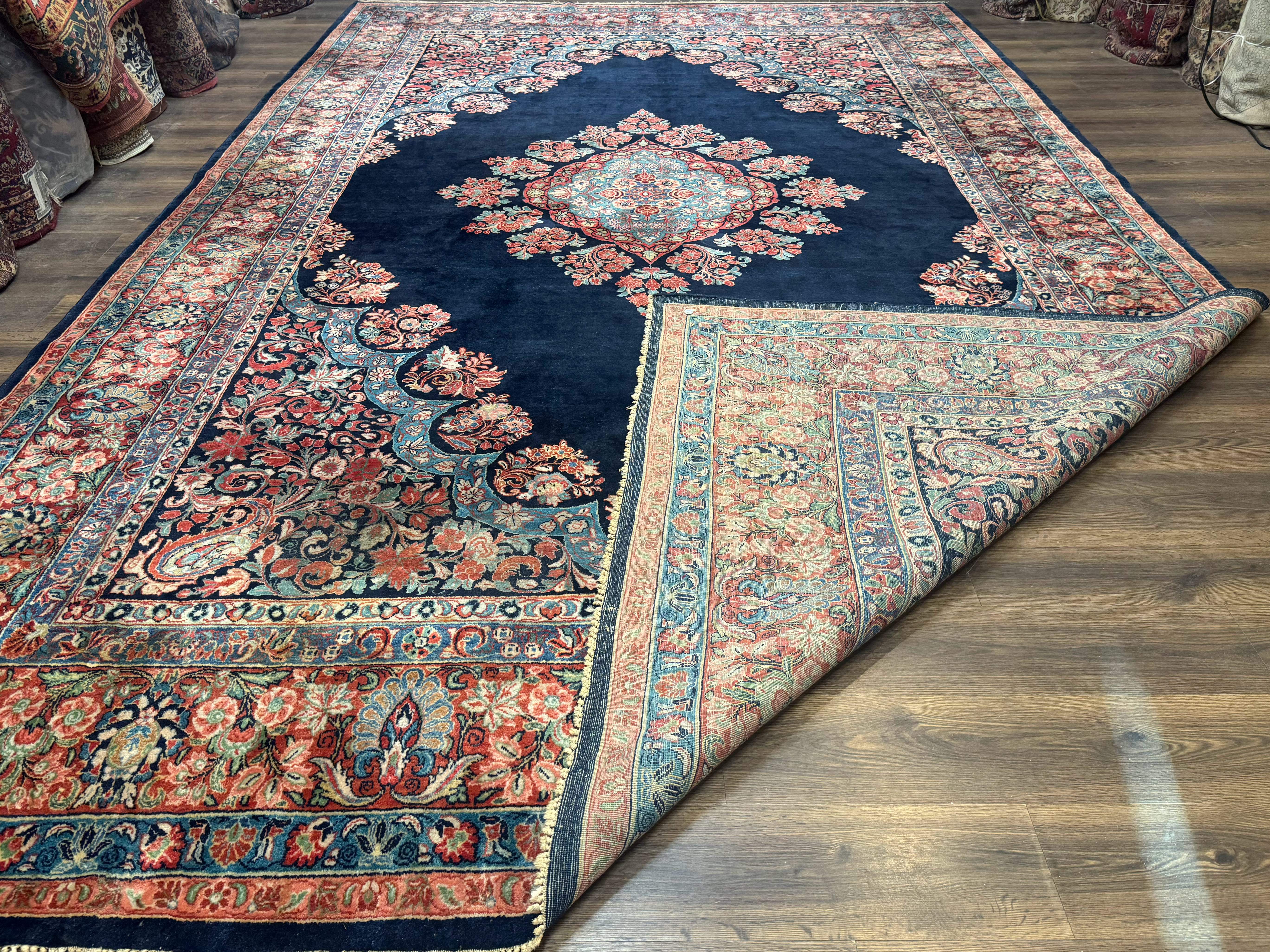 Persian Sarouk Rug 10x16 – Navy Blue and Red, Hand-Knotted Wool Antique Carpet - Jewel Rugs