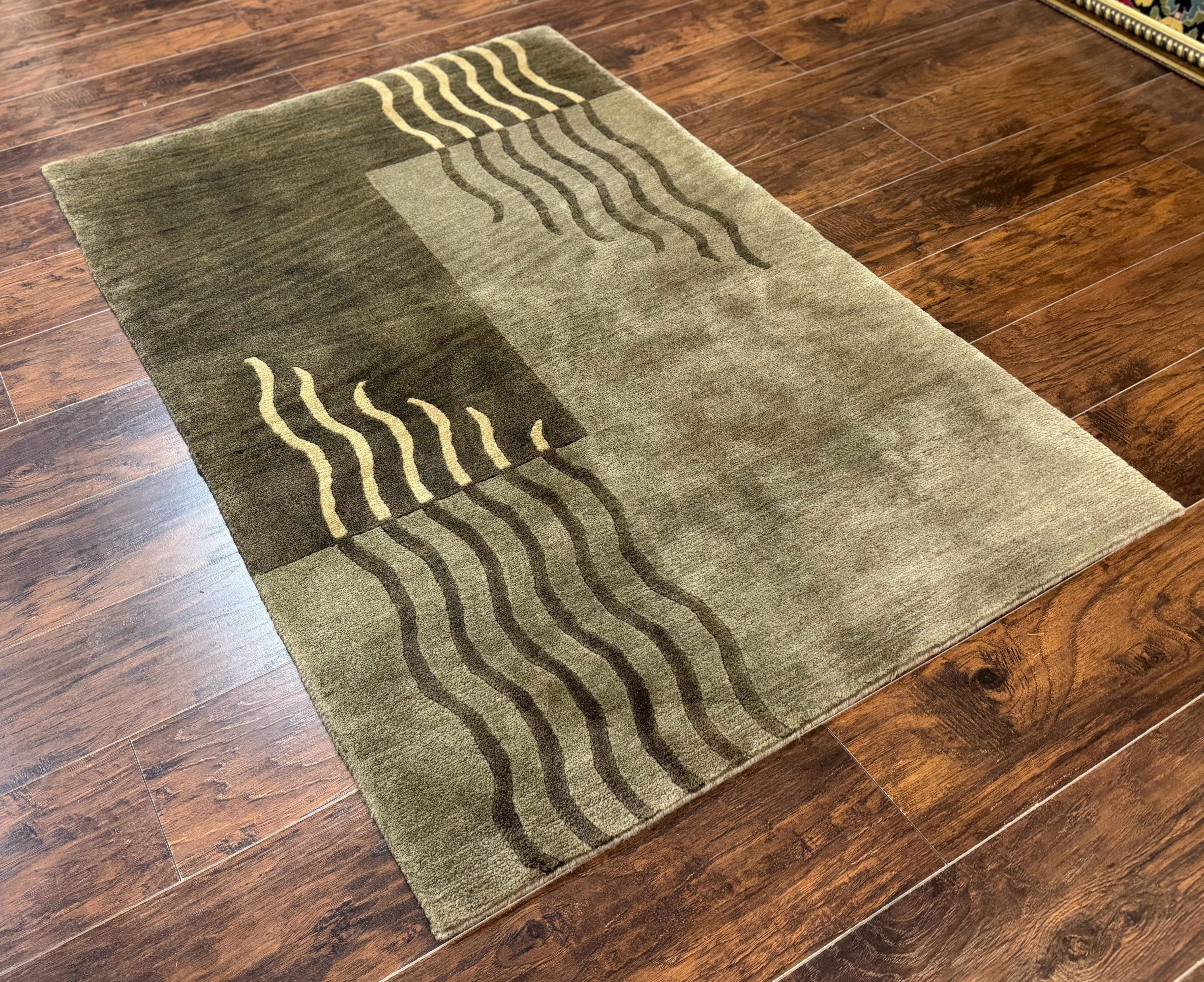 Modern Tibetan Wool Rug 3.6 x 5.6, Shades of Green, Abstract Design - Jewel Rugs