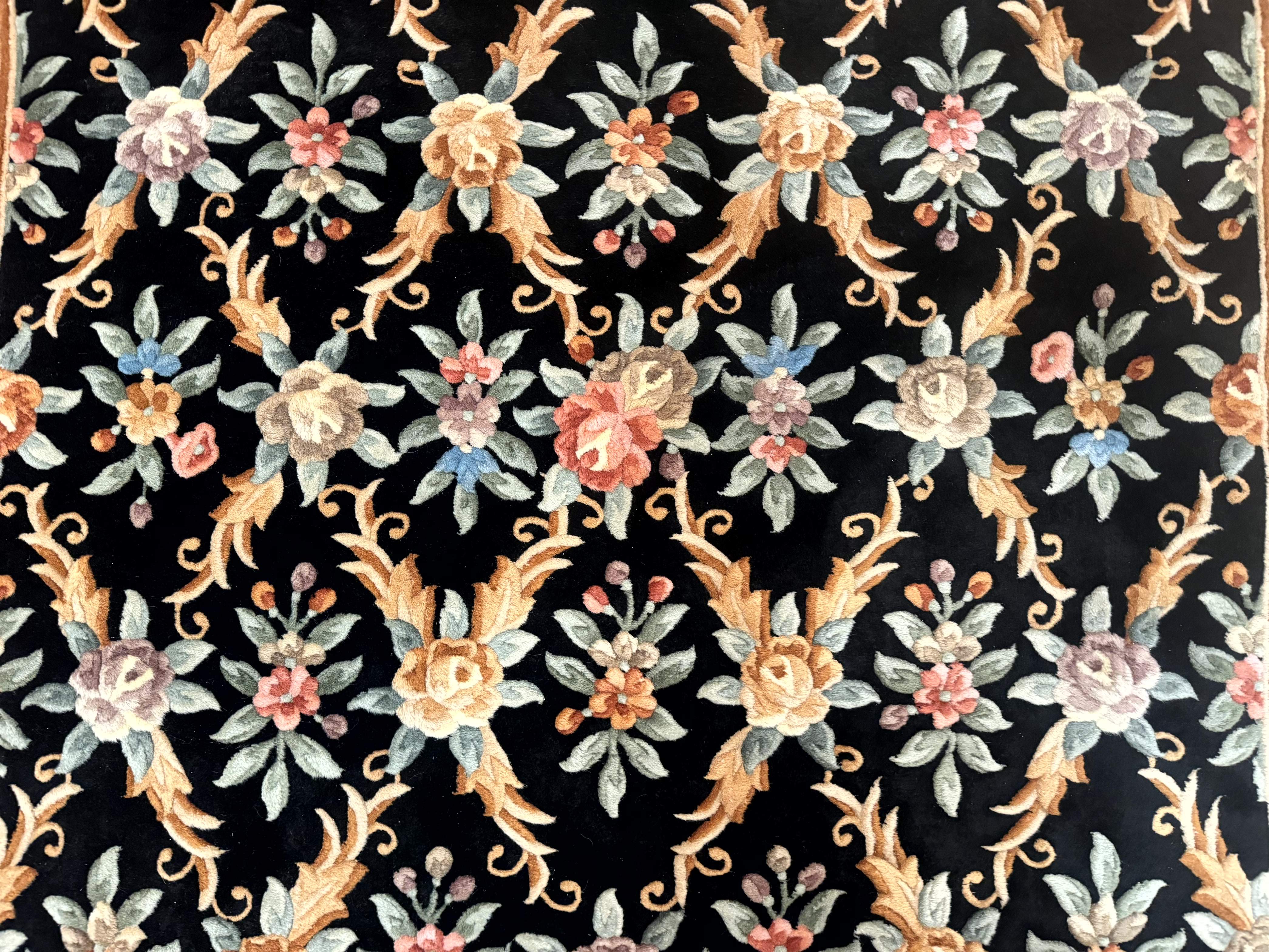 Chinese Wool Rug 6x9, Floral Aubusson Carpet, Black and Cream, 90 Line Rug - Jewel Rugs