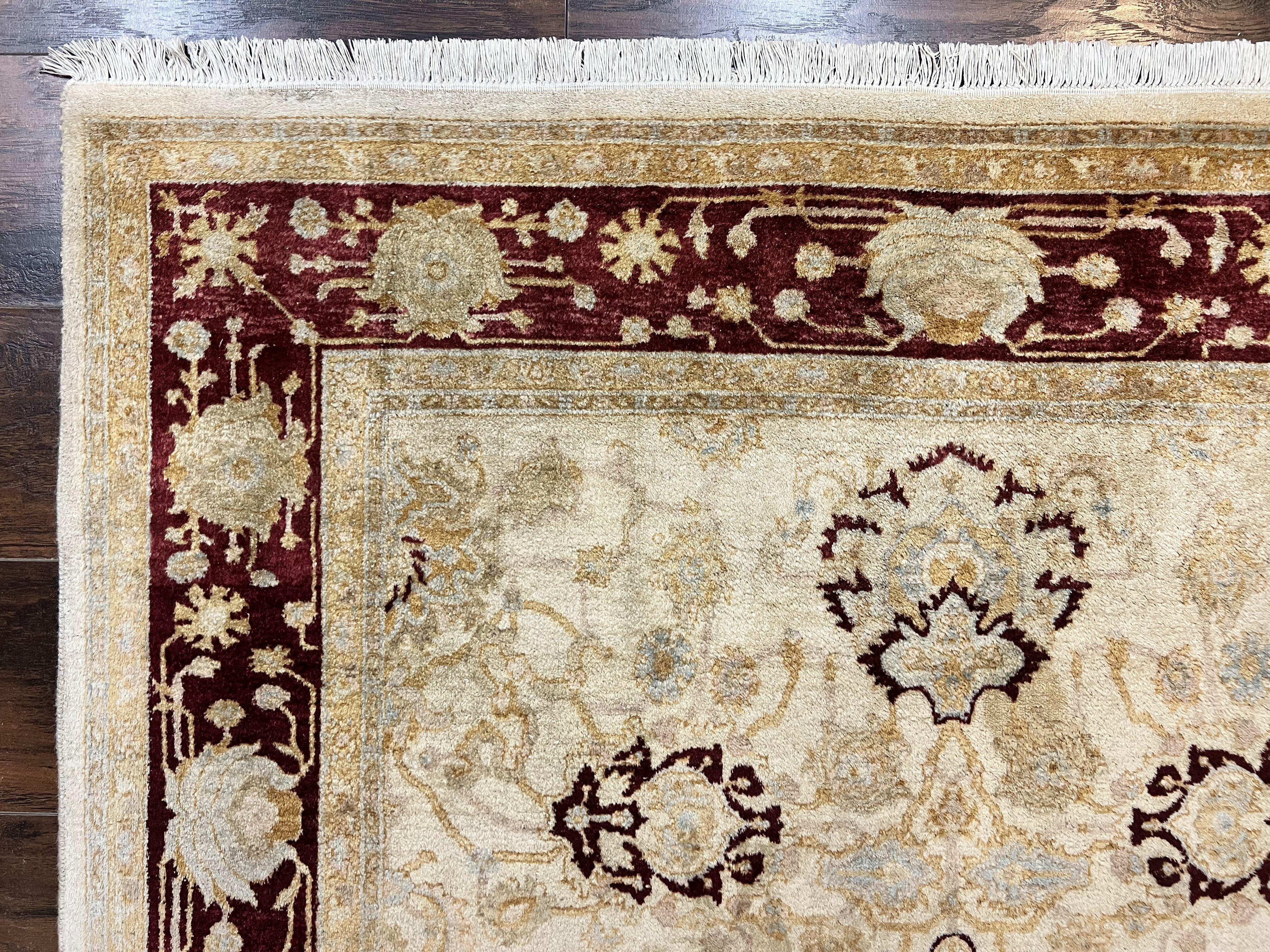 Peshawar Rug 5x7, Beige and Maroon, Vintage Handmade Wool Traditional Carpet 5 x 7 ft, Pakistani Rug, Agra Pattern, Very Fine 260 KPSI - Jewel Rugs