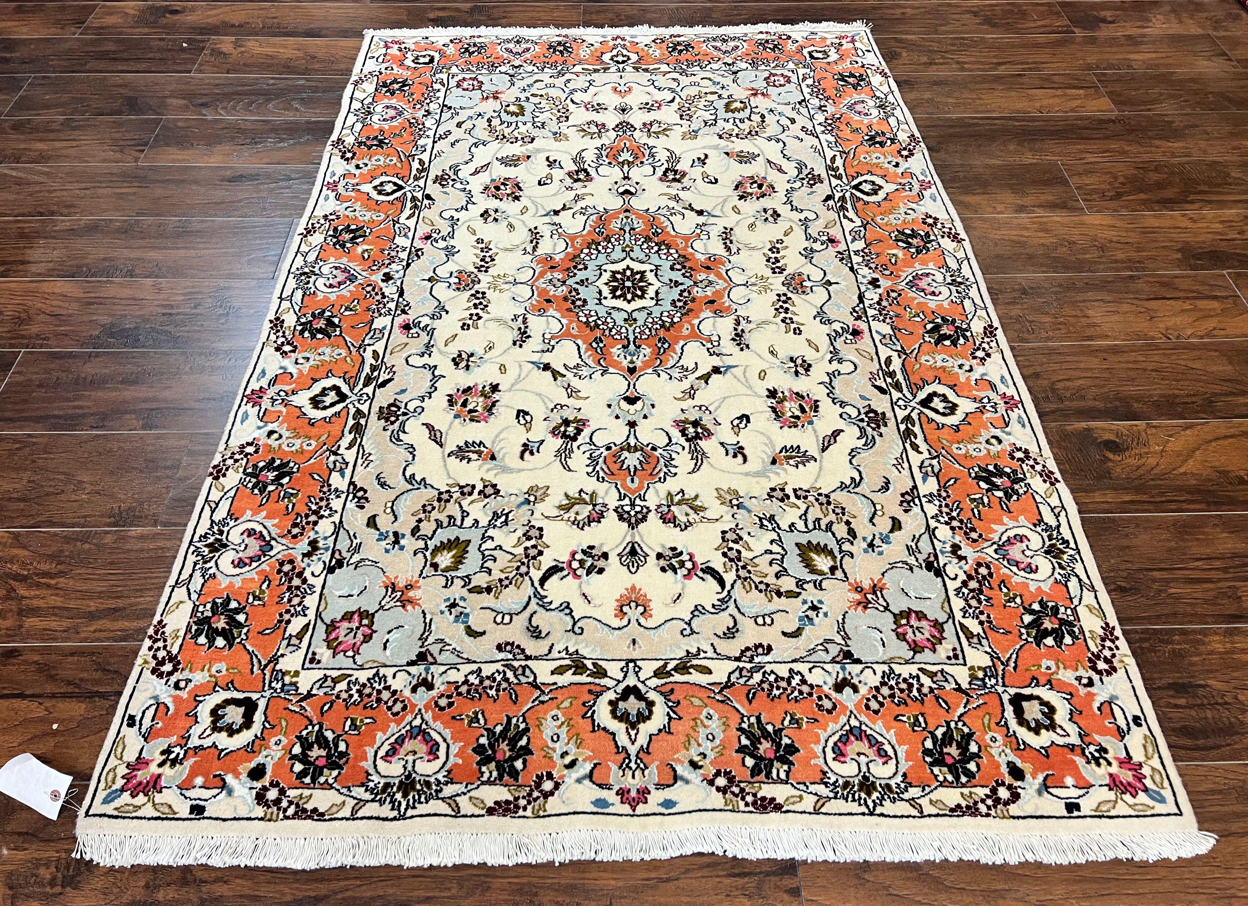Persian Tabriz Rug 4.5 x 6.8, Finely Hand Knotted Wool with Silk Highlights Vintage Oriental Carpet, Cream and Salmon, High KPSI, Floral Medallion - Jewel Rugs