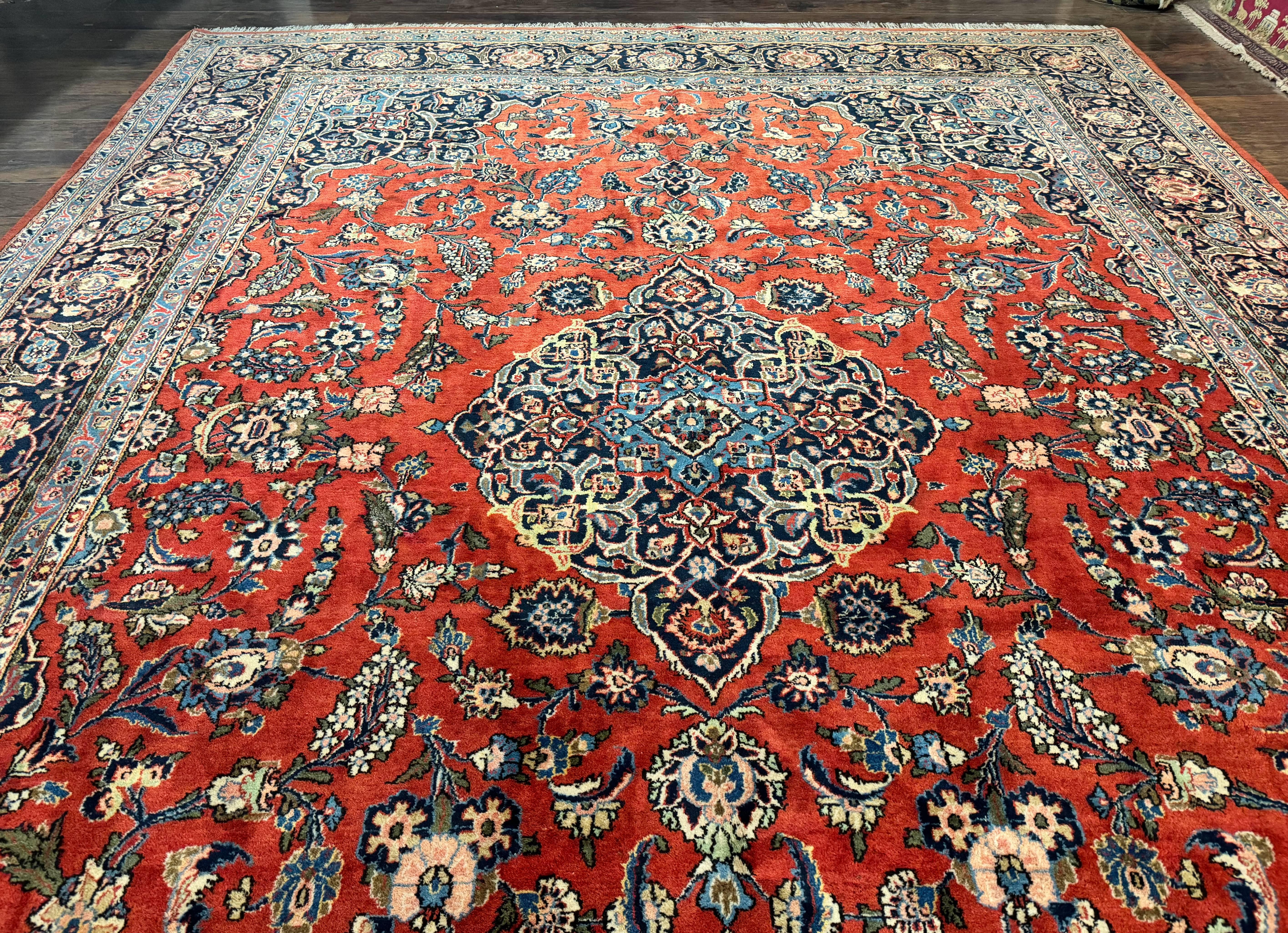 Red Persian Kashan Rug 10x14, Hand-Knotted Semi Antique Floral Medallion Handmade Wool Carpet, Red & Navy Blue - Jewel Rugs