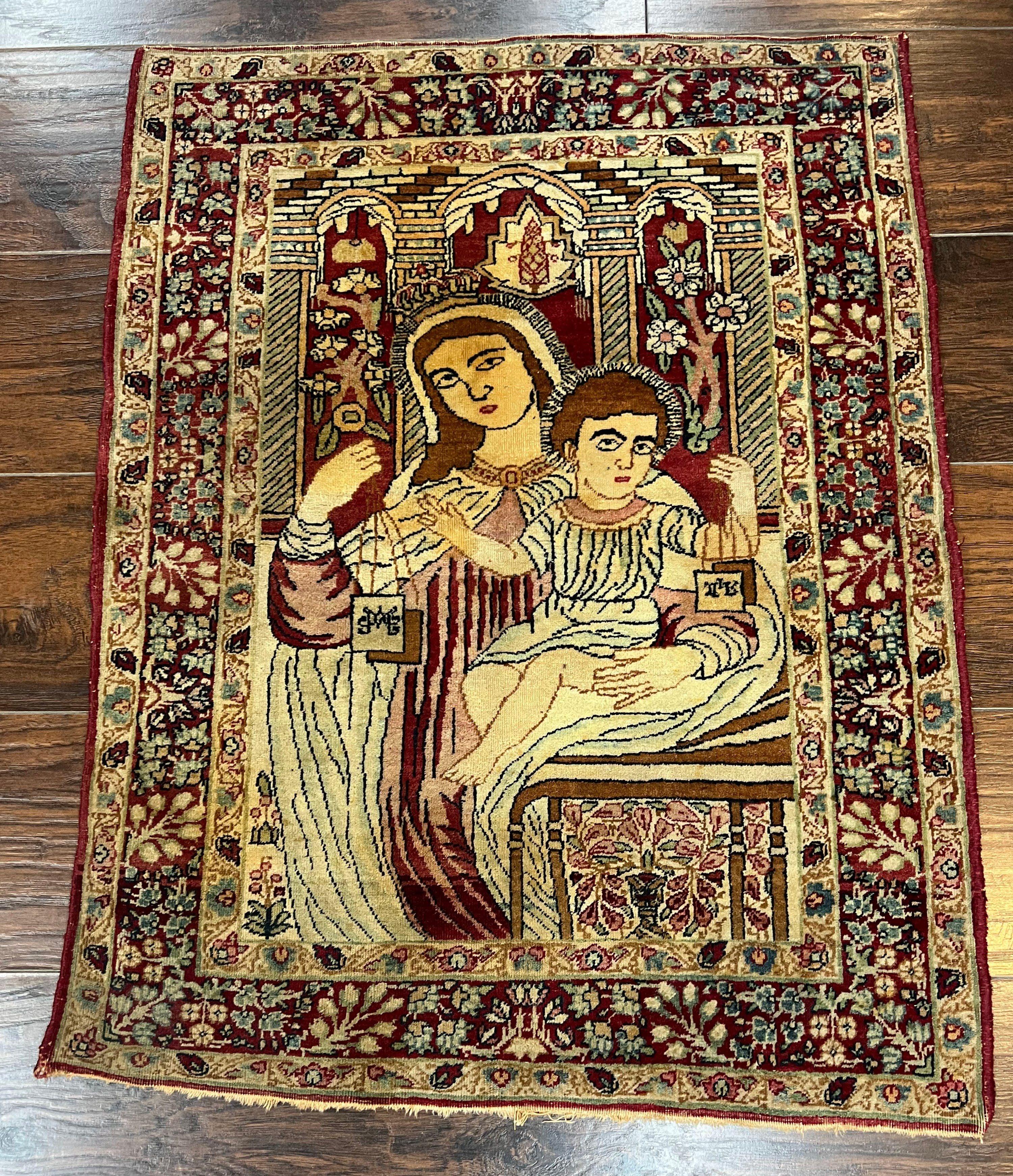 Antique Persian Pictorial Rug 2x3, Virgin Mary and Young Jesus, Rare Christian Kirman Lavar Rug, Hand Knotted Wool Carpet, Collectible - Jewel Rugs