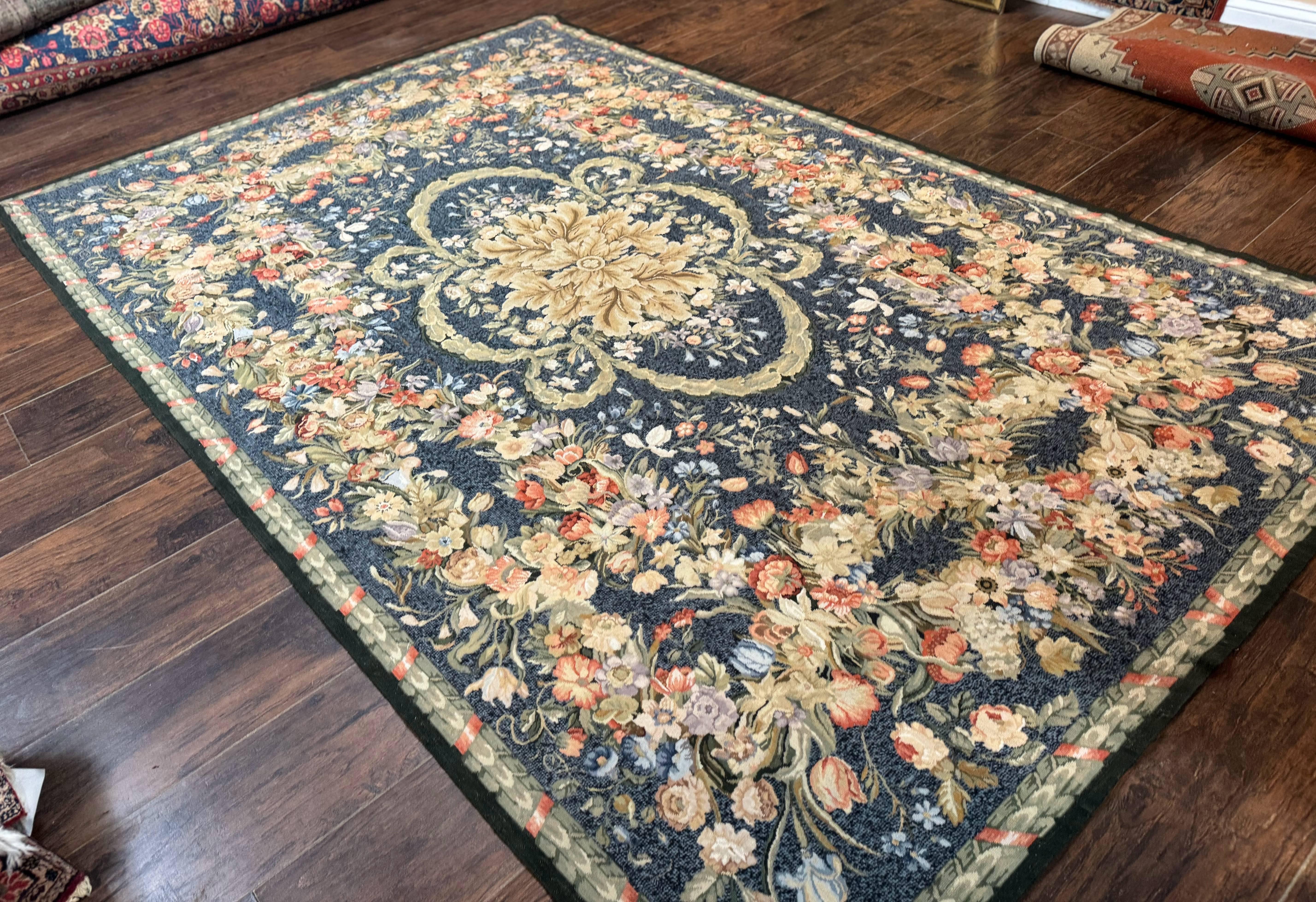 Needlepoint Rug 6x9, Petitepoint Area Rug, Floral Bouquets, European Aubusson French Design, Wool - Jewel Rugs