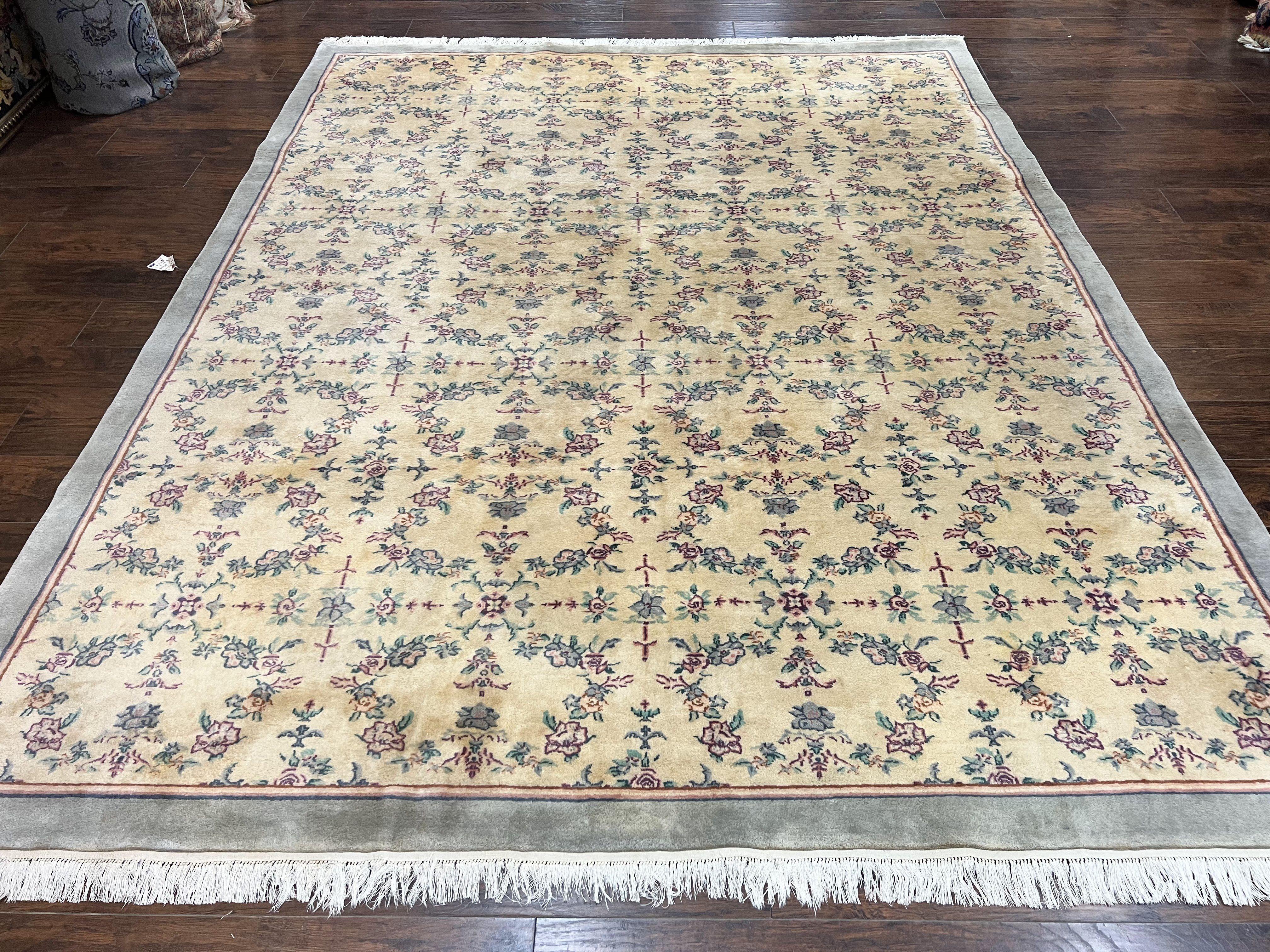 Sino Persian Rug 8x10, Floral, Oatmeal and Light Teal, Handmade Wool Vintage Carpet - Jewel Rugs