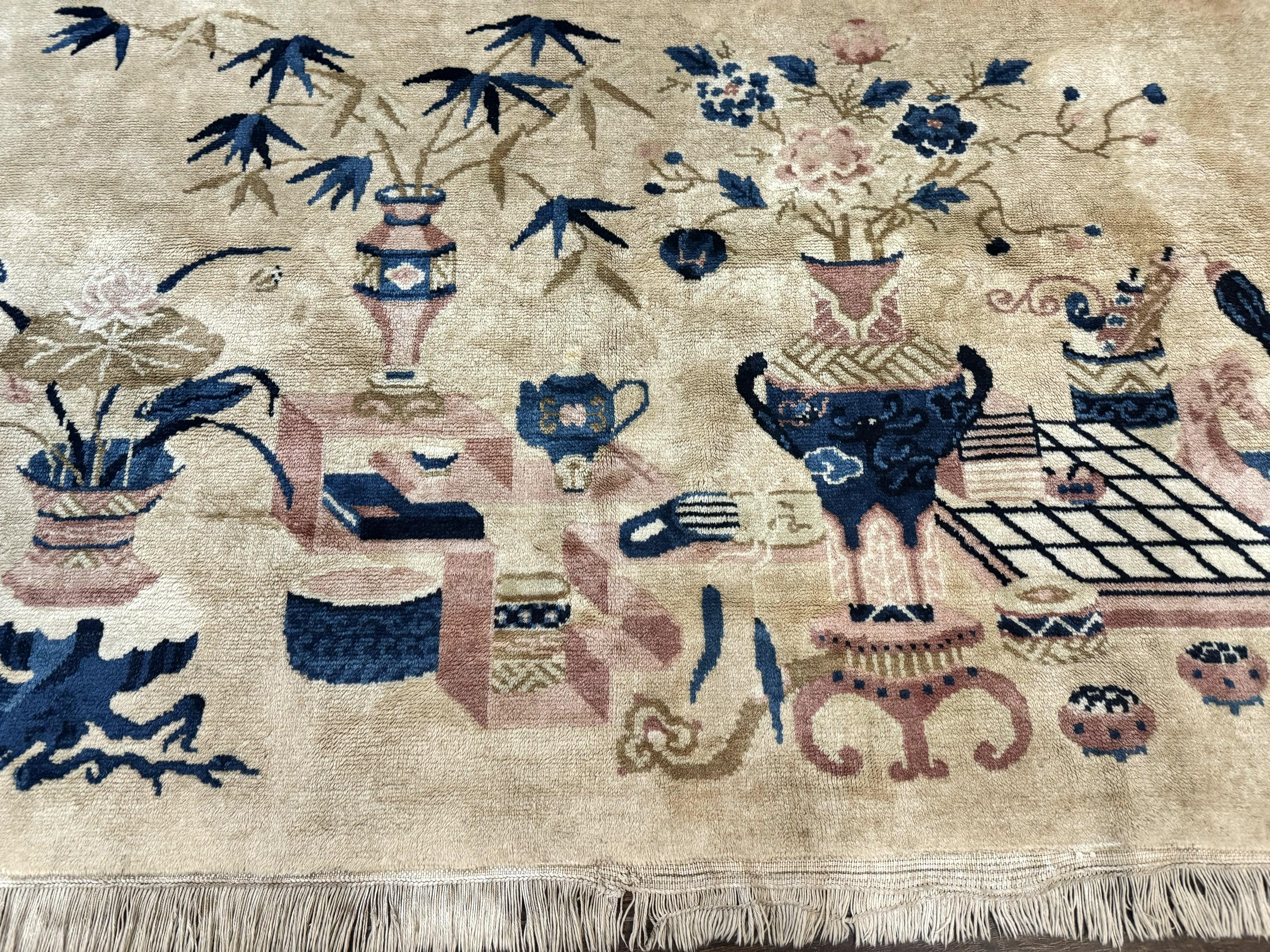 Chinese Rug 5x3, Horizontal Rug, Vases Flowers, Handmade Antique Vintage Carpet, Peking Rug, Chinese Wool Rug - Jewel Rugs