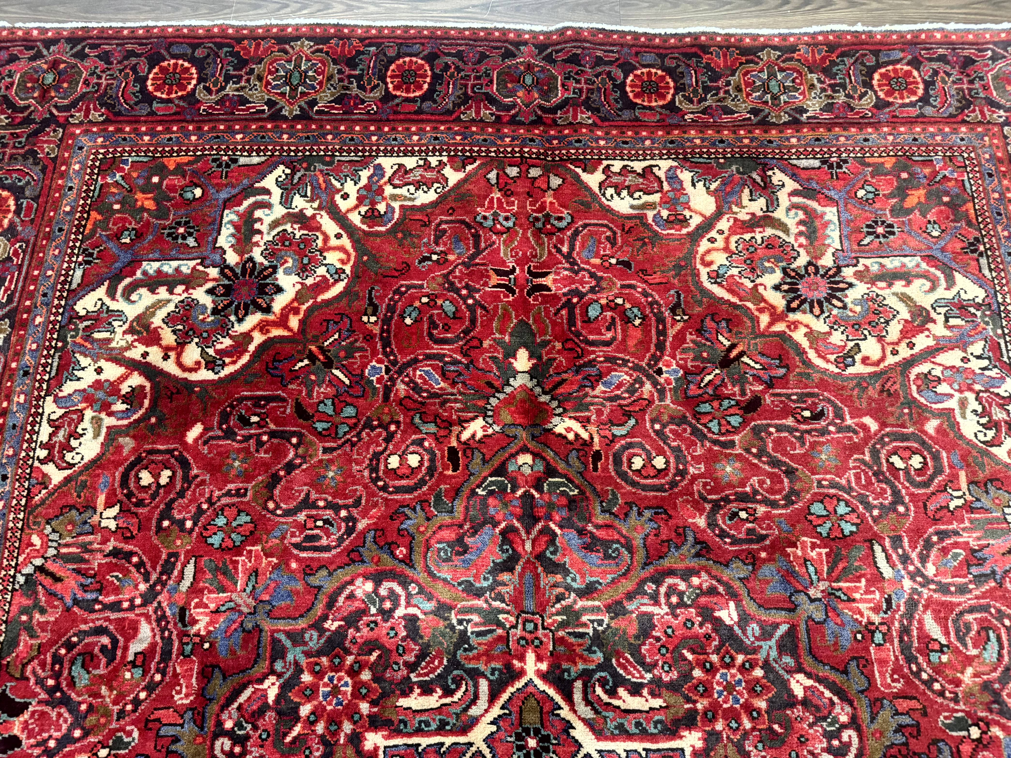 Persian Heriz Rug 7x10, Red and Navy, Geometric Medallion, Vintage Wool Carpet - Jewel Rugs