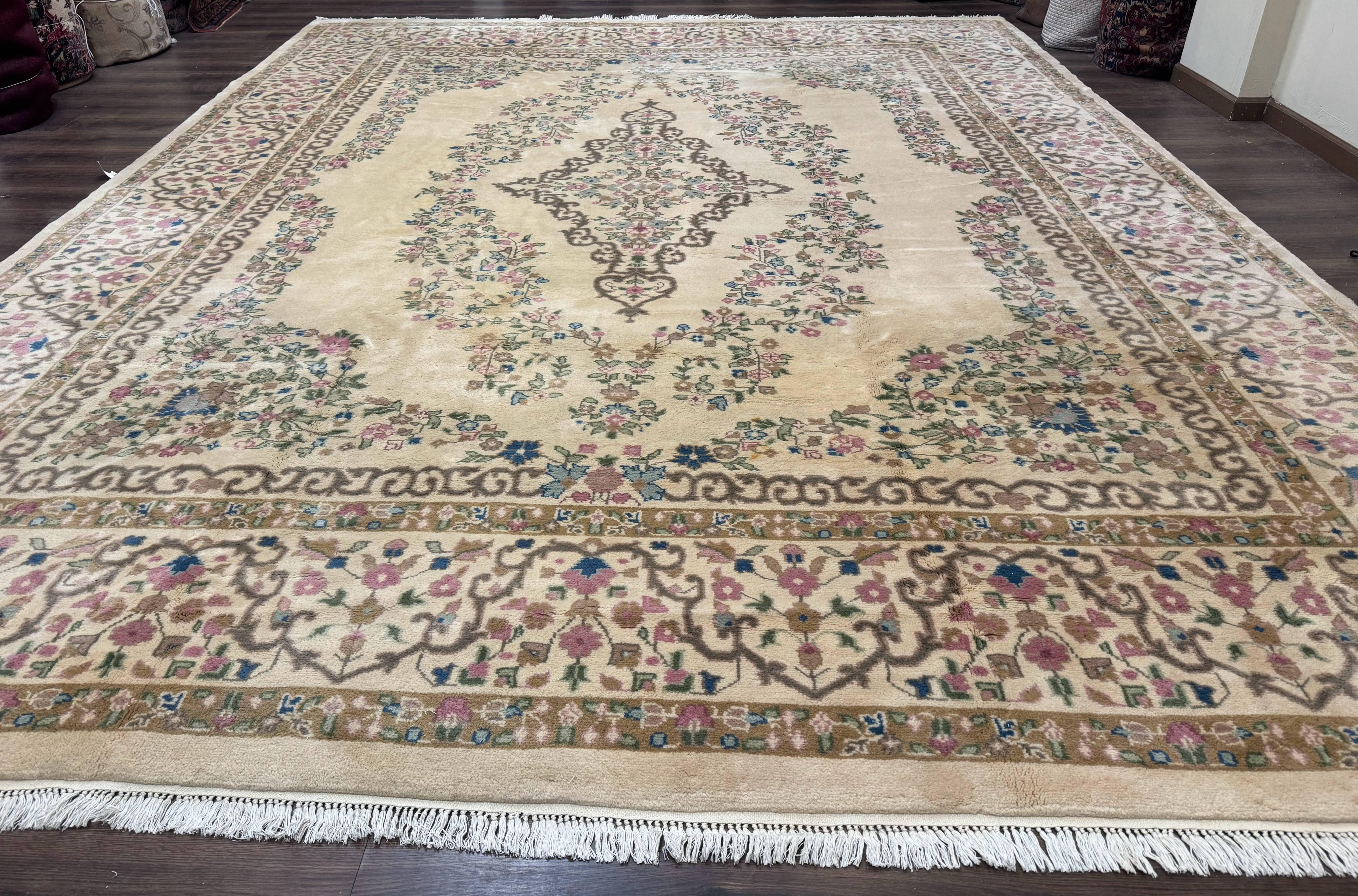 Indo Persian Rug 12x15, Palace Sized Carpet, Oversized Wool Handmade Rug, Kerman Rug, Semi Open Field, Pande Cameron Rug, Beige - Jewel Rugs