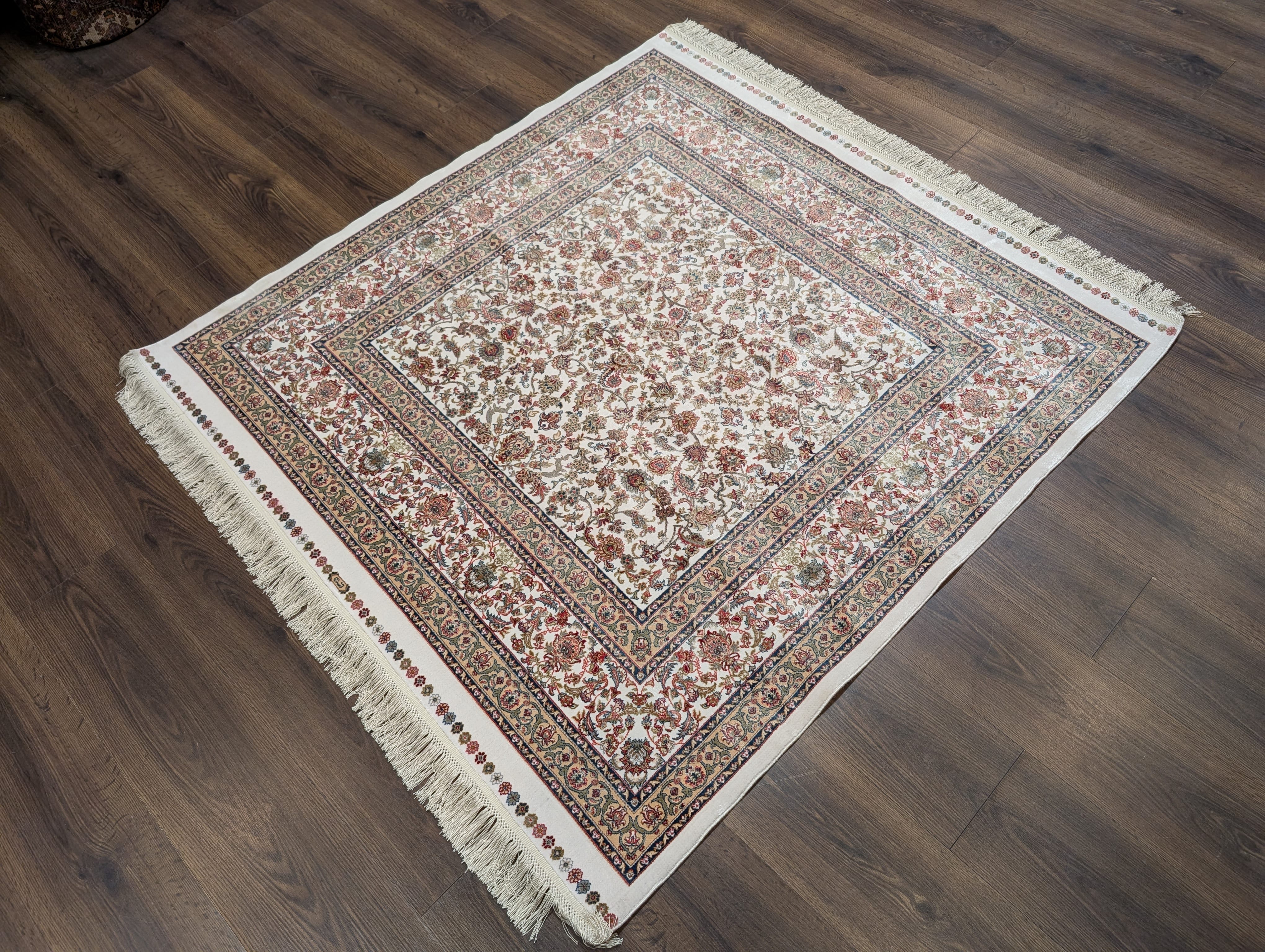 Square Silk Rug 5x5, Turkish Silk Carpet, Ivory, New, Bamboo Silk - Jewel Rugs